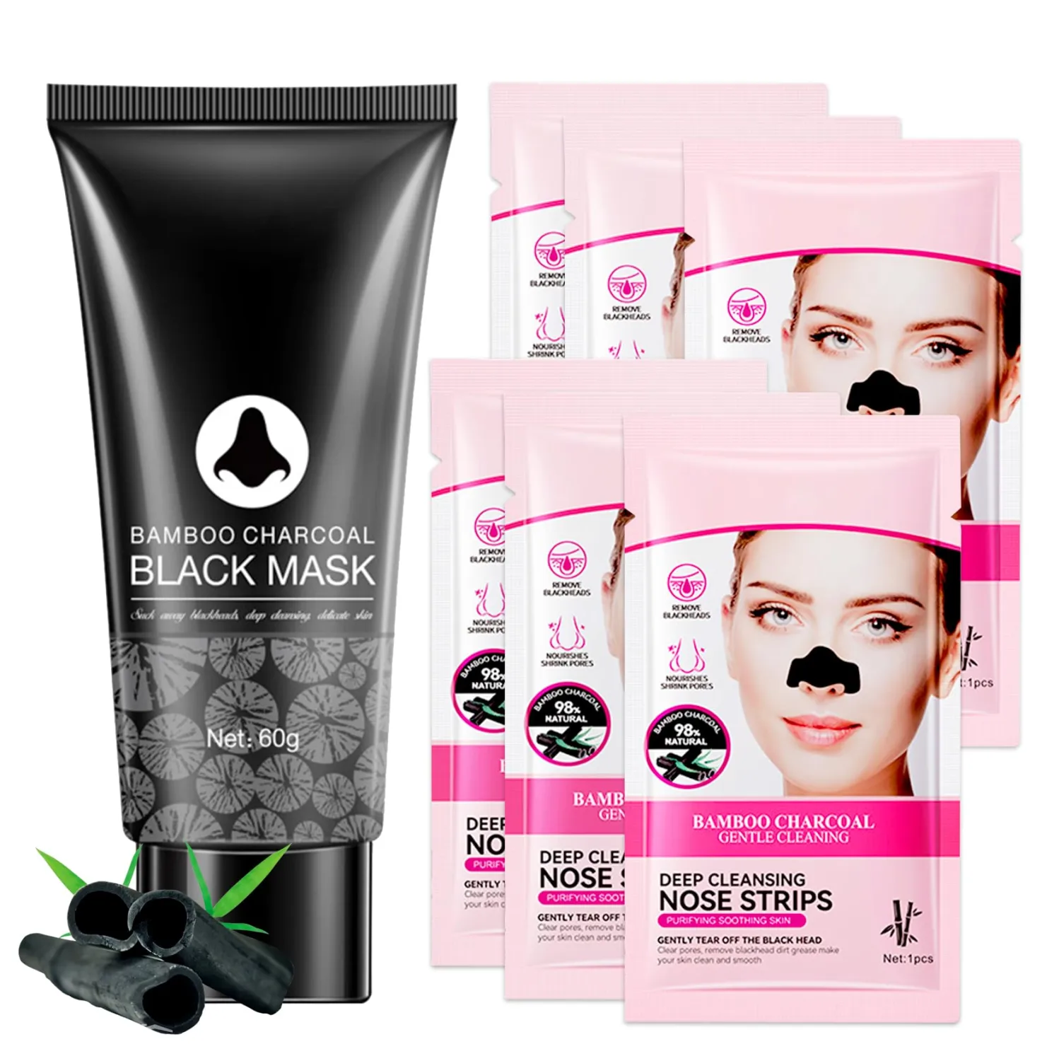 Blackhead Remover Peel Off Face Mask,Deep Cleansing Black Head Remover Mask for Face Nose,Blackhead Pores Remover Facial Mask and 6 Charcoal Blackhead Removal Pore Strips Set for All Skin Types（7PCS）