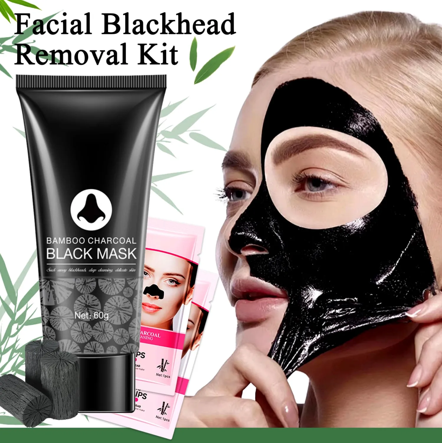 Blackhead Remover Peel Off Face Mask,Deep Cleansing Black Head Remover Mask for Face Nose,Blackhead Pores Remover Facial Mask and 6 Charcoal Blackhead Removal Pore Strips Set for All Skin Types（7PCS）