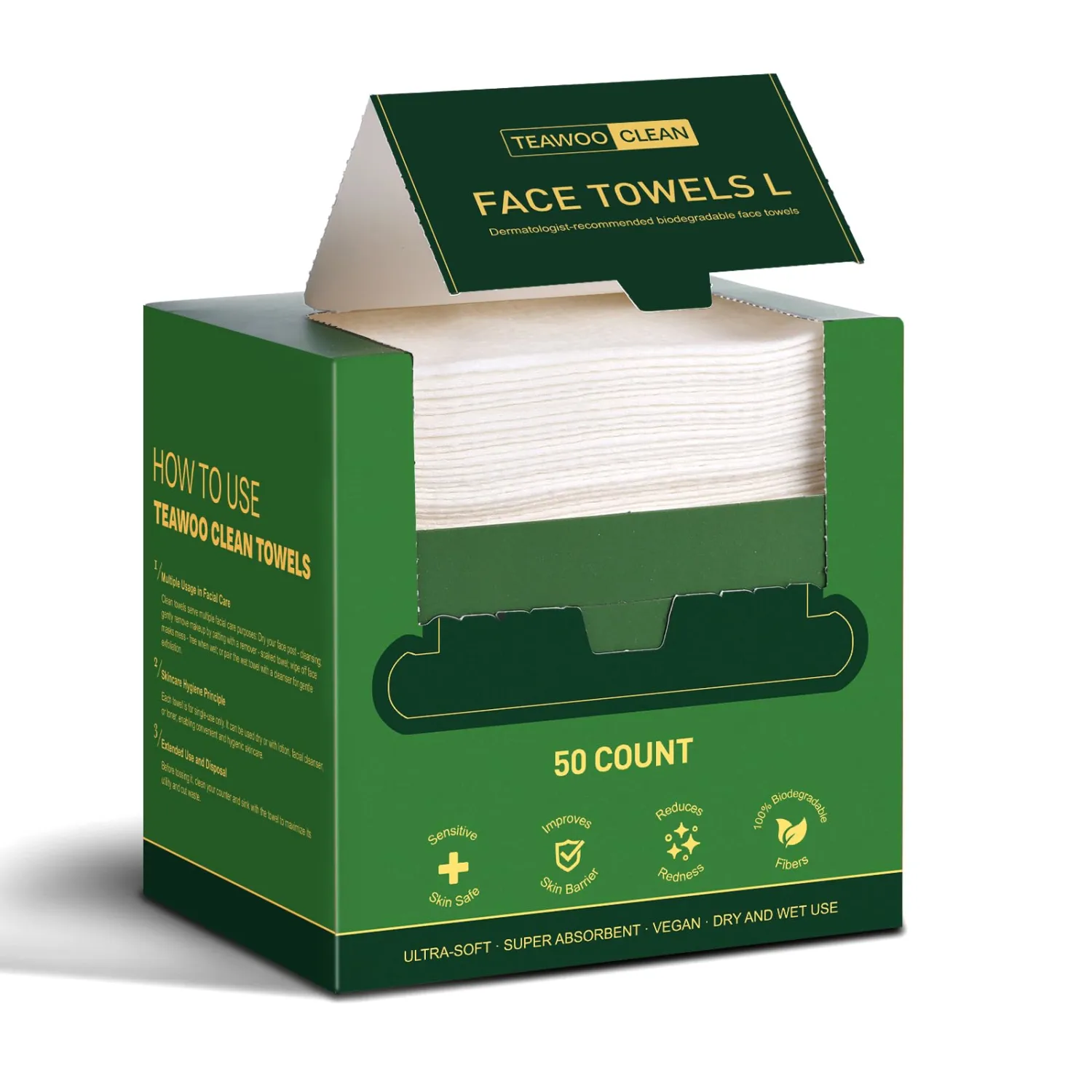 TEAWOO Face Towels Disposable (50Ct), 100% Viscose Fiber Double-Sided Facial Towelettes, Soft Thick Lint-Free Makeup Remover Wipes for Sensitive Skin, Home & Travel