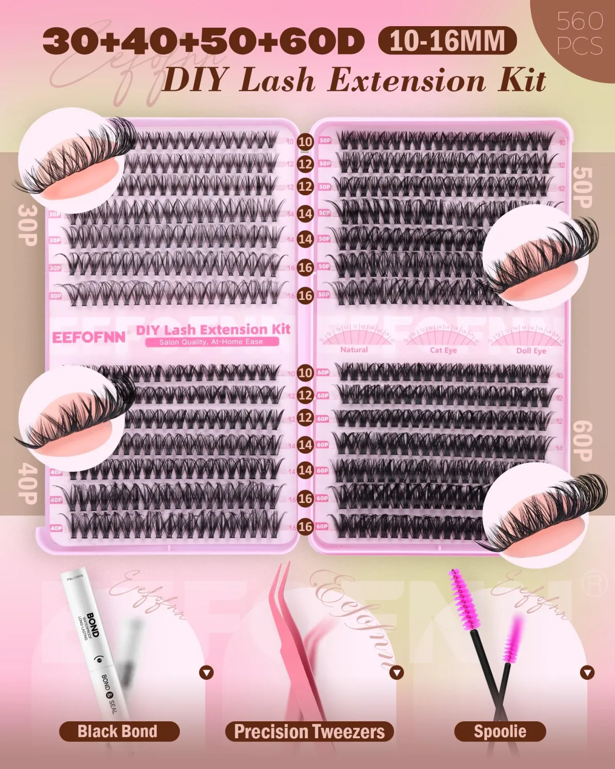 Lash Clusters Kit 30D 40D 50D 60D 80D 100D Cluster Eyelash Extensions, 560pcs Wispy Lashes Clusters with Lash Bond and Seal & Tweezers, Eyelash Clusters Kit 10-16mm Pestañas Postizas Naturales
