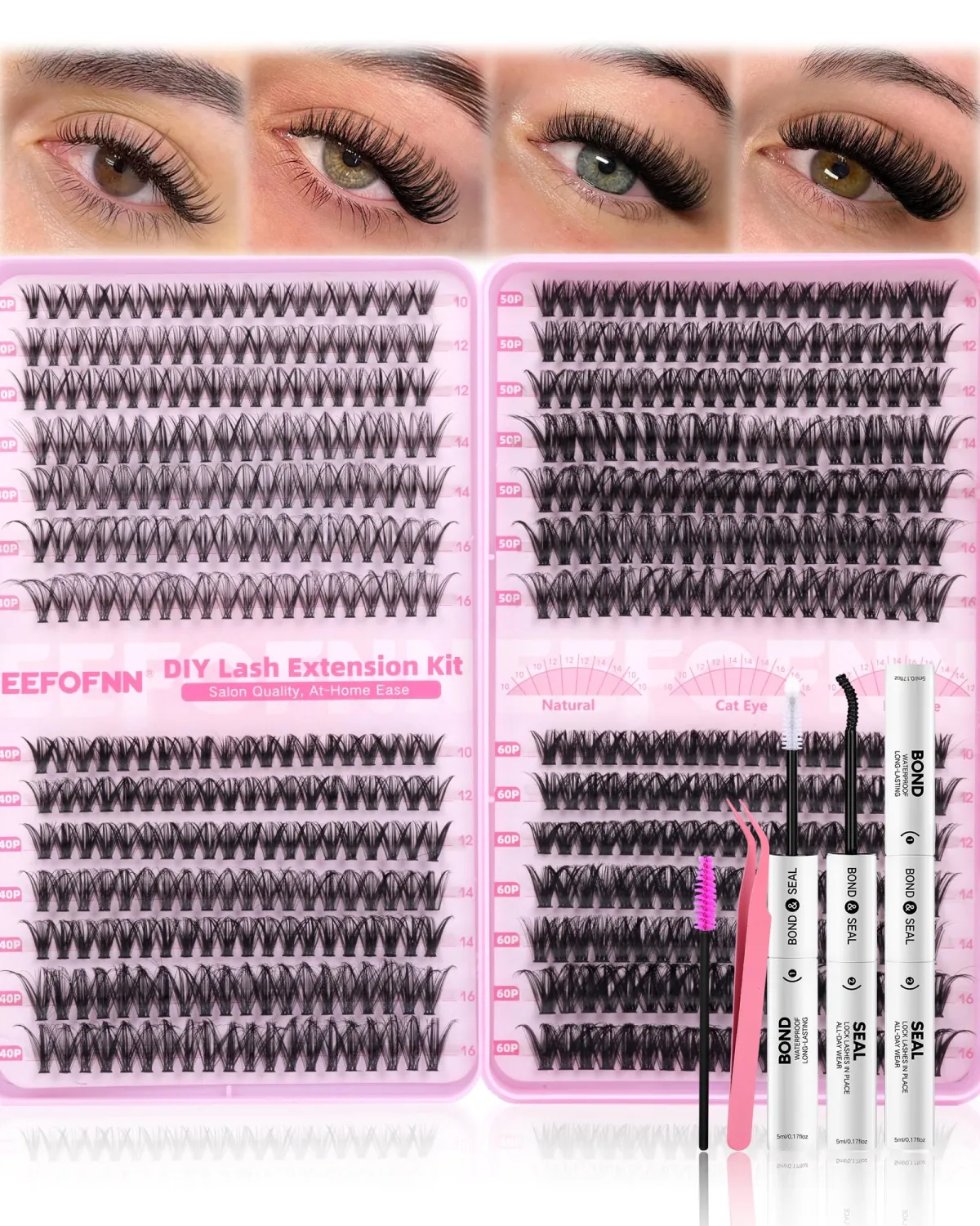 Lash Clusters Kit 30D 40D 50D 60D 80D 100D Cluster Eyelash Extensions, 560pcs Wispy Lashes Clusters with Lash Bond and Seal & Tweezers, Eyelash Clusters Kit 10-16mm Pestañas Postizas Naturales