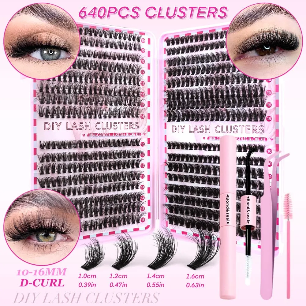 640Pcs Natural Lash Clusters Kit, 10-16mm DIY Lash Extension Wispy Fluffy Manga, 30D+40D+60D+80D D Curl Volume False Eyelashes Clusters Waterproof with Glue Bond and Seal, Tweezers, Brush