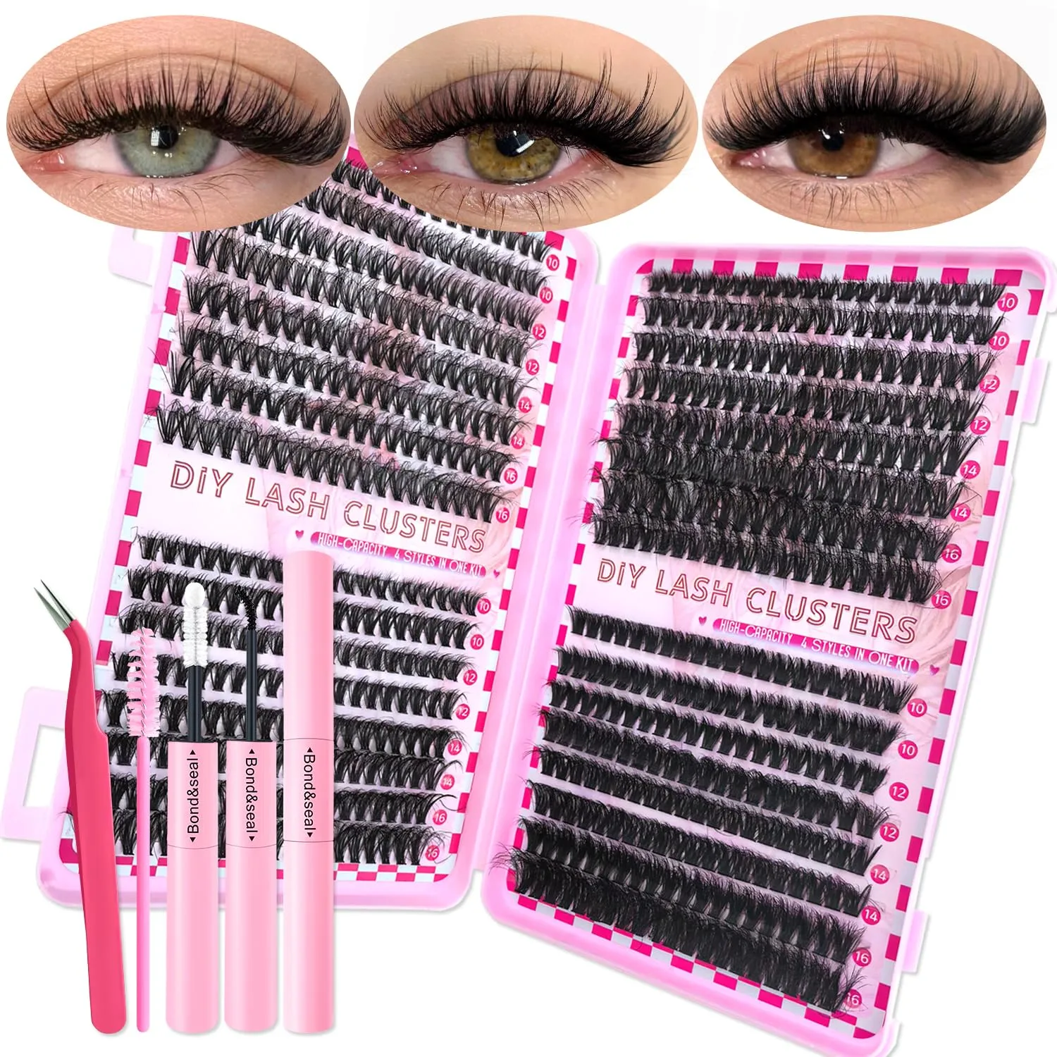 640Pcs Natural Lash Clusters Kit, 10-16mm DIY Lash Extension Wispy Fluffy Manga, 30D+40D+60D+80D D Curl Volume False Eyelashes Clusters Waterproof with Glue Bond and Seal, Tweezers, Brush