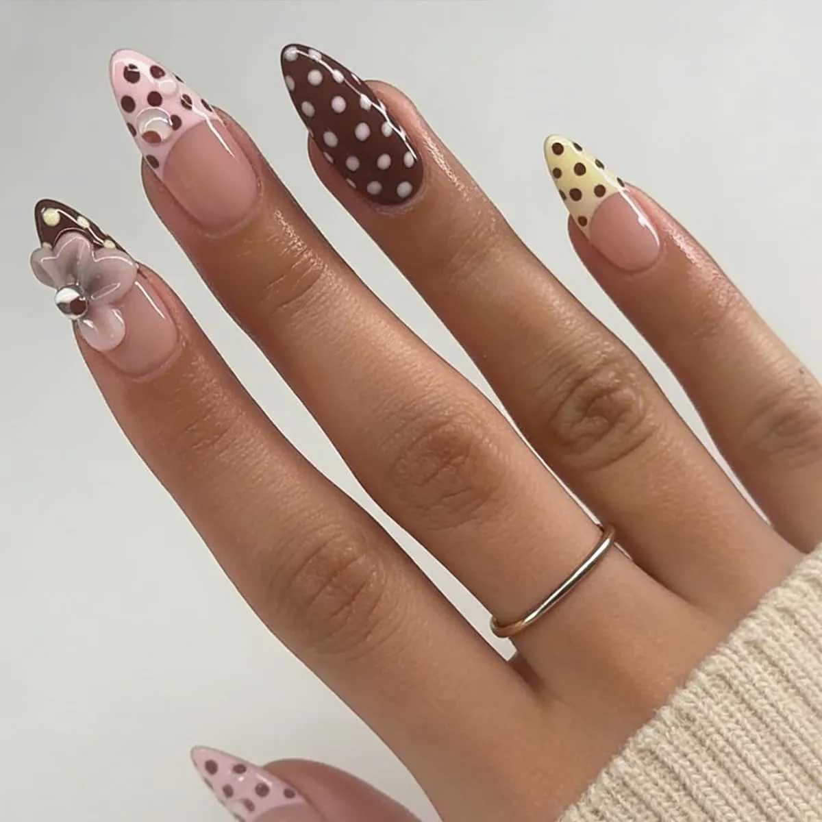 Polka Dot Press on Nails 3D Flower Fake Nails Medium Almond False Nails Press ons Brown Pink Glue on Nails Acrylic Artificial Cute Stick on Nail for Women Nail Manicure 24Pcs