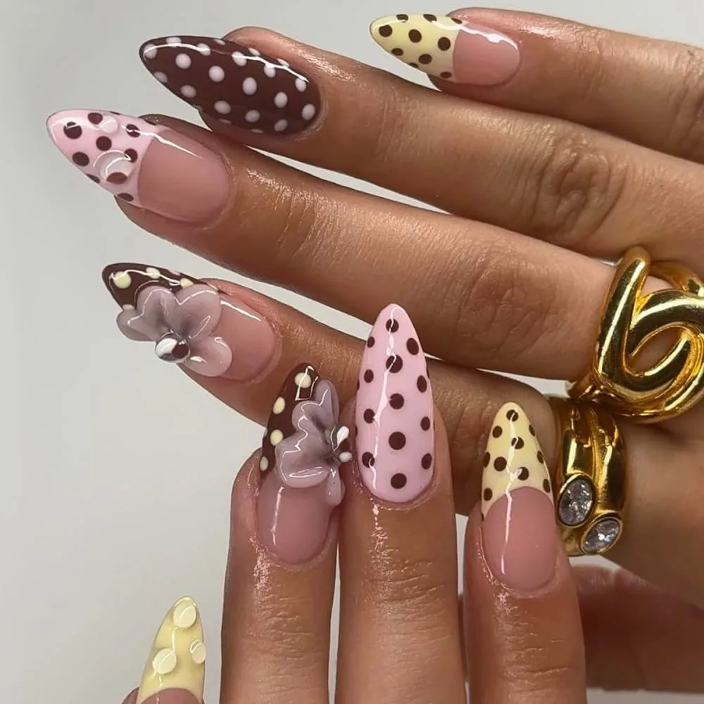 Polka Dot Press on Nails 3D Flower Fake Nails Medium Almond False Nails Press ons Brown Pink Glue on Nails Acrylic Artificial Cute Stick on Nail for Women Nail Manicure 24Pcs