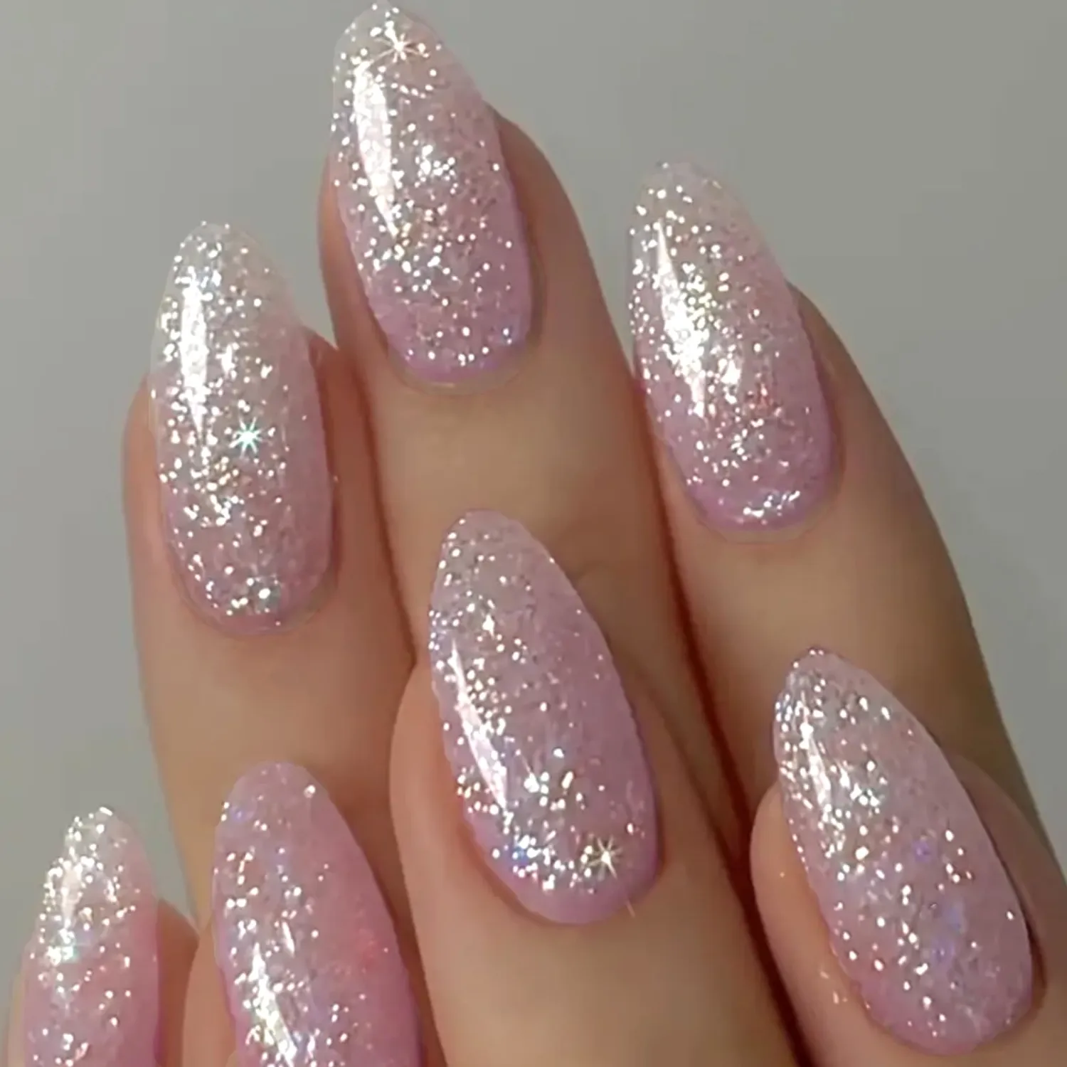 Pink Acrylic Press on Nails Almond Medium Acrylic Nails Press Ons Full Cover Glue on Fake Nail with Bling Glitter Designs Artificial Stick on False Nail for Women and Girls