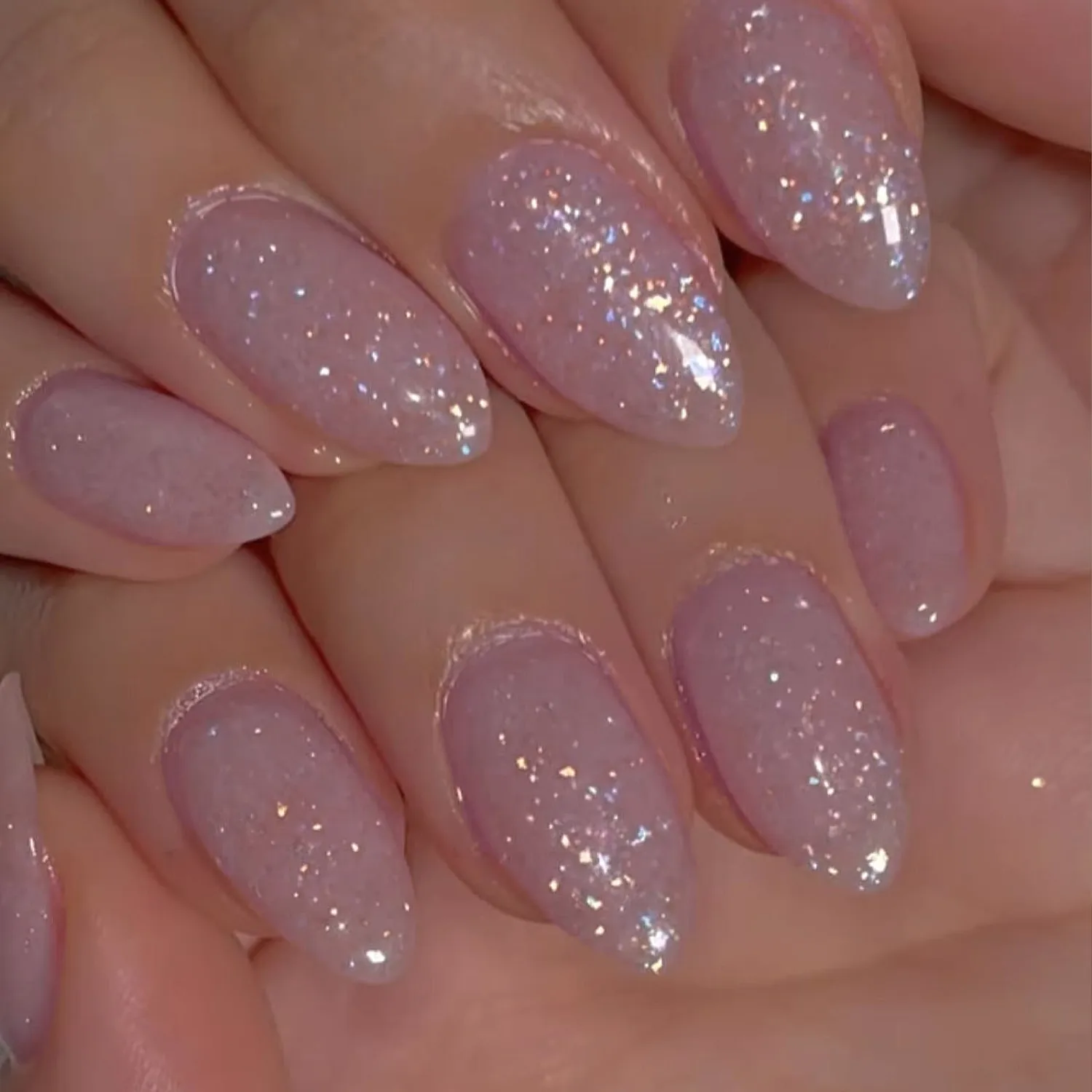 Pink Acrylic Press on Nails Almond Medium Acrylic Nails Press Ons Full Cover Glue on Fake Nail with Bling Glitter Designs Artificial Stick on False Nail for Women and Girls