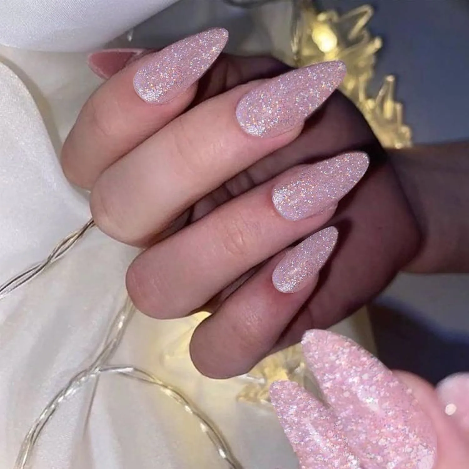 Pink Acrylic Press on Nails Almond Medium Acrylic Nails Press Ons Full Cover Glue on Fake Nail with Bling Glitter Designs Artificial Stick on False Nail for Women and Girls