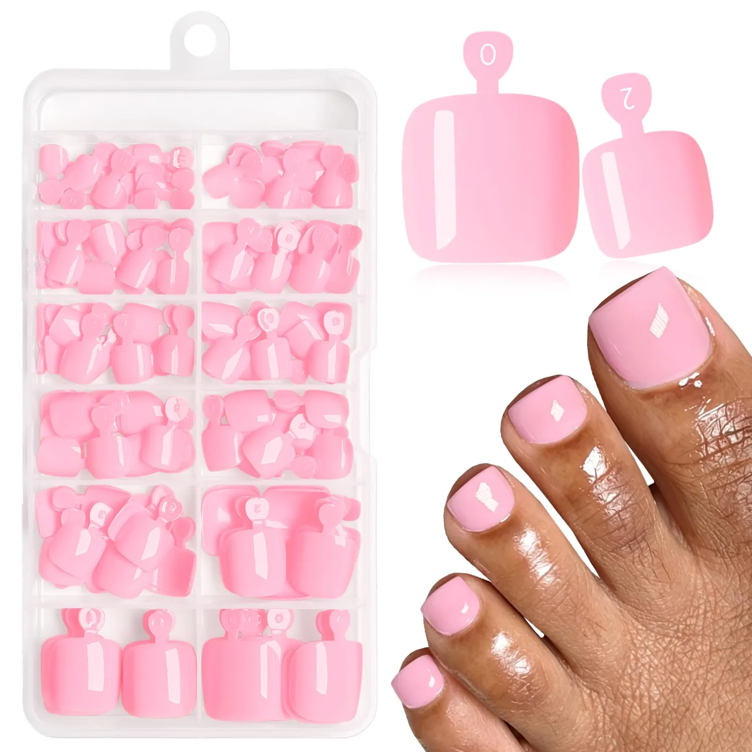 144pc Pink Press on Toenails Women Fake Toe Nail Press ons, Acrylic Toenail Press ons Toes Nails Pink Fake Toenails Glue on Toe Nail Tips 12 Sizes Toe Press-on Pedicure Presson False Nails for Feet