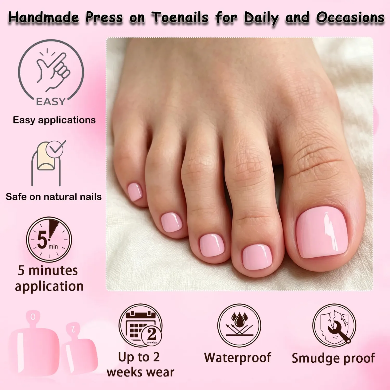144pc Pink Press on Toenails Women Fake Toe Nail Press ons, Acrylic Toenail Press ons Toes Nails Pink Fake Toenails Glue on Toe Nail Tips 12 Sizes Toe Press-on Pedicure Presson False Nails for Feet