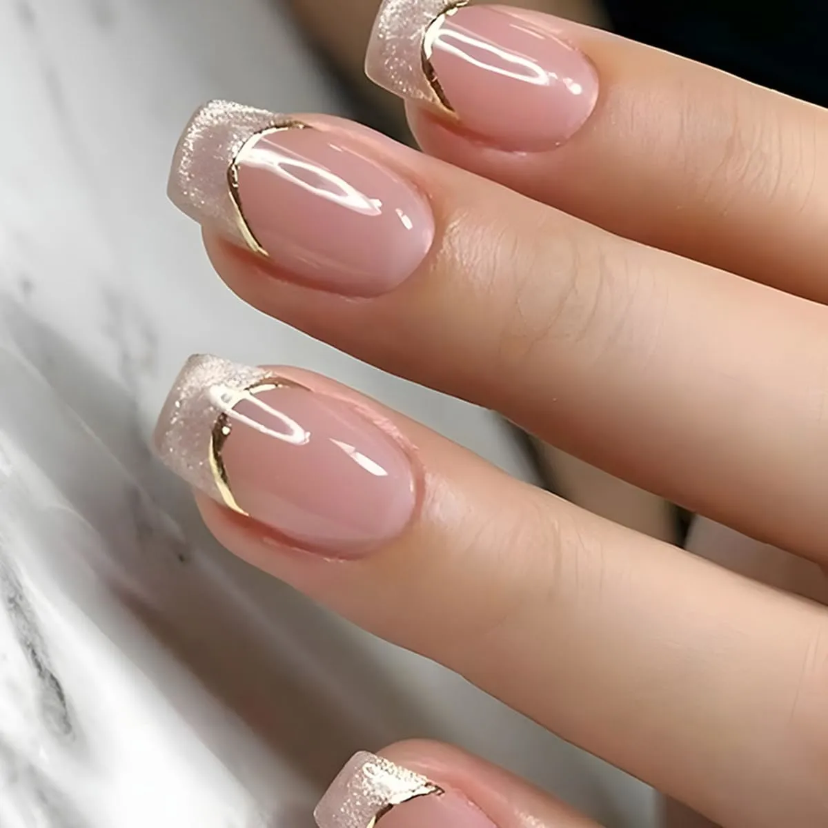 24Pcs White Cat Eye French Press on Nails Short Square WLGDLH Fake Nails Nude False Nail Press ons with Gold Line Desings Full Cover Glue on Nails Cute Stick on Nails for Women Manicure