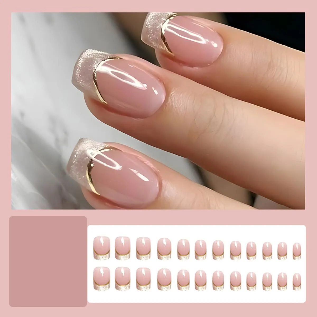 24Pcs White Cat Eye French Press on Nails Short Square WLGDLH Fake Nails Nude False Nail Press ons with Gold Line Desings Full Cover Glue on Nails Cute Stick on Nails for Women Manicure