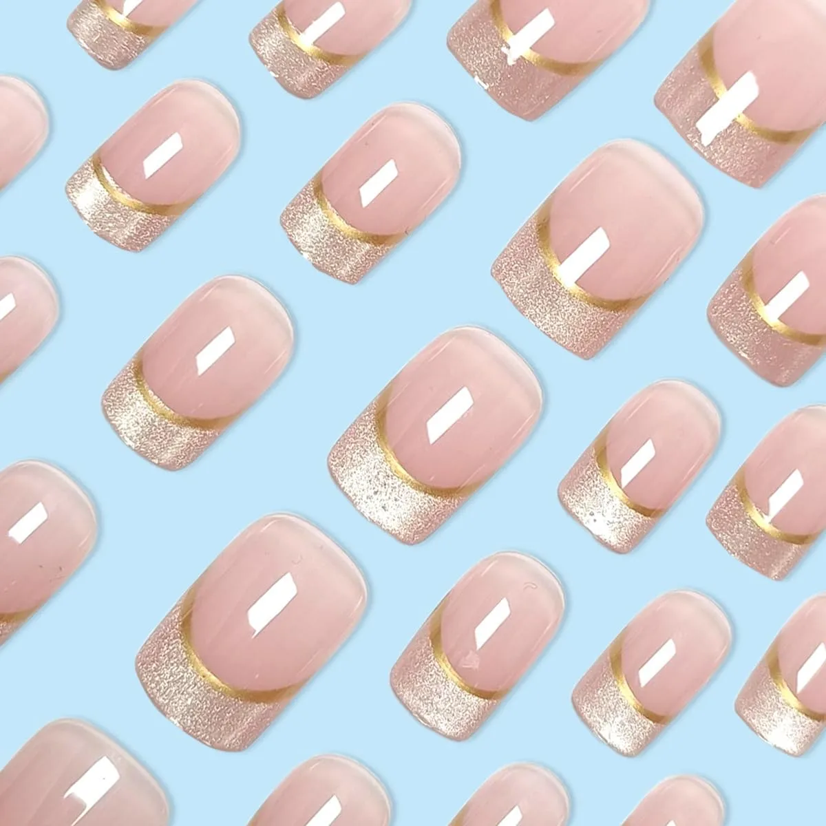 24Pcs White Cat Eye French Press on Nails Short Square WLGDLH Fake Nails Nude False Nail Press ons with Gold Line Desings Full Cover Glue on Nails Cute Stick on Nails for Women Manicure