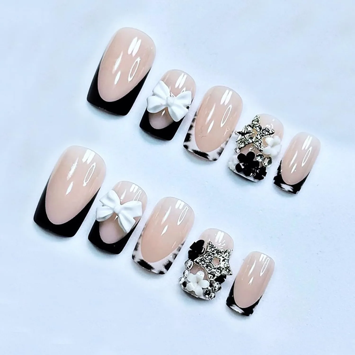 24pcs Black French Tip Press on Nails Short Square Bow Fake Nails with 3D Black White Flower Star Rhinestones Designs Glue on Nails Leopard French False Nail Tips Full Cover Stick on Nails for Women