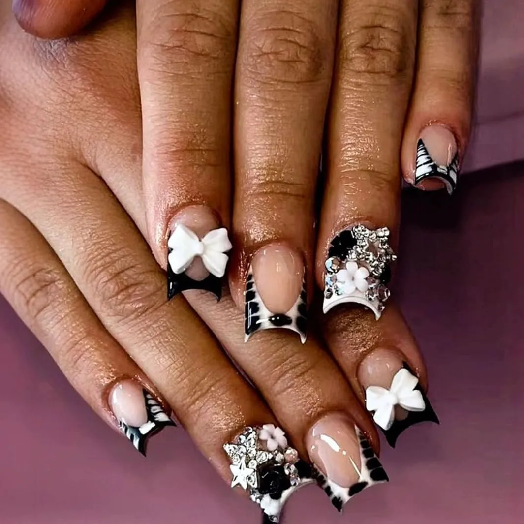 24pcs Black French Tip Press on Nails Short Square Bow Fake Nails with 3D Black White Flower Star Rhinestones Designs Glue on Nails Leopard French False Nail Tips Full Cover Stick on Nails for Women