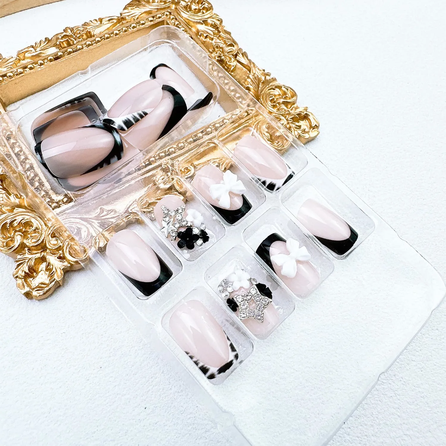 24pcs Black French Tip Press on Nails Short Square Bow Fake Nails with 3D Black White Flower Star Rhinestones Designs Glue on Nails Leopard French False Nail Tips Full Cover Stick on Nails for Women