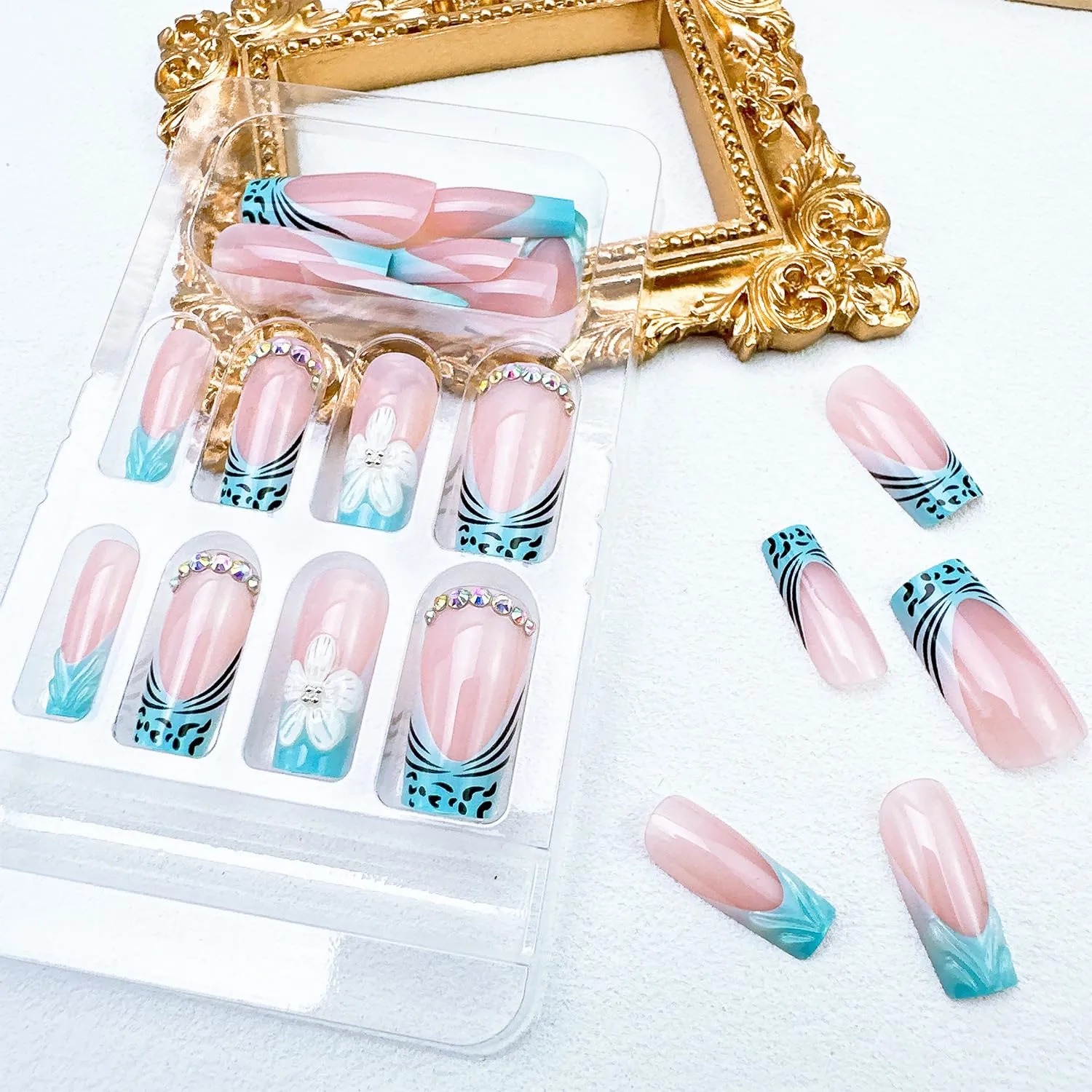 24pcs Blue French Tip Press on Nails Medium 3D Flower Fake Nails Square Nail Tips with Rhinestones Designs Cute Summer Floral False Nails Kit Full Cover Glossy Glue on Nails for Women