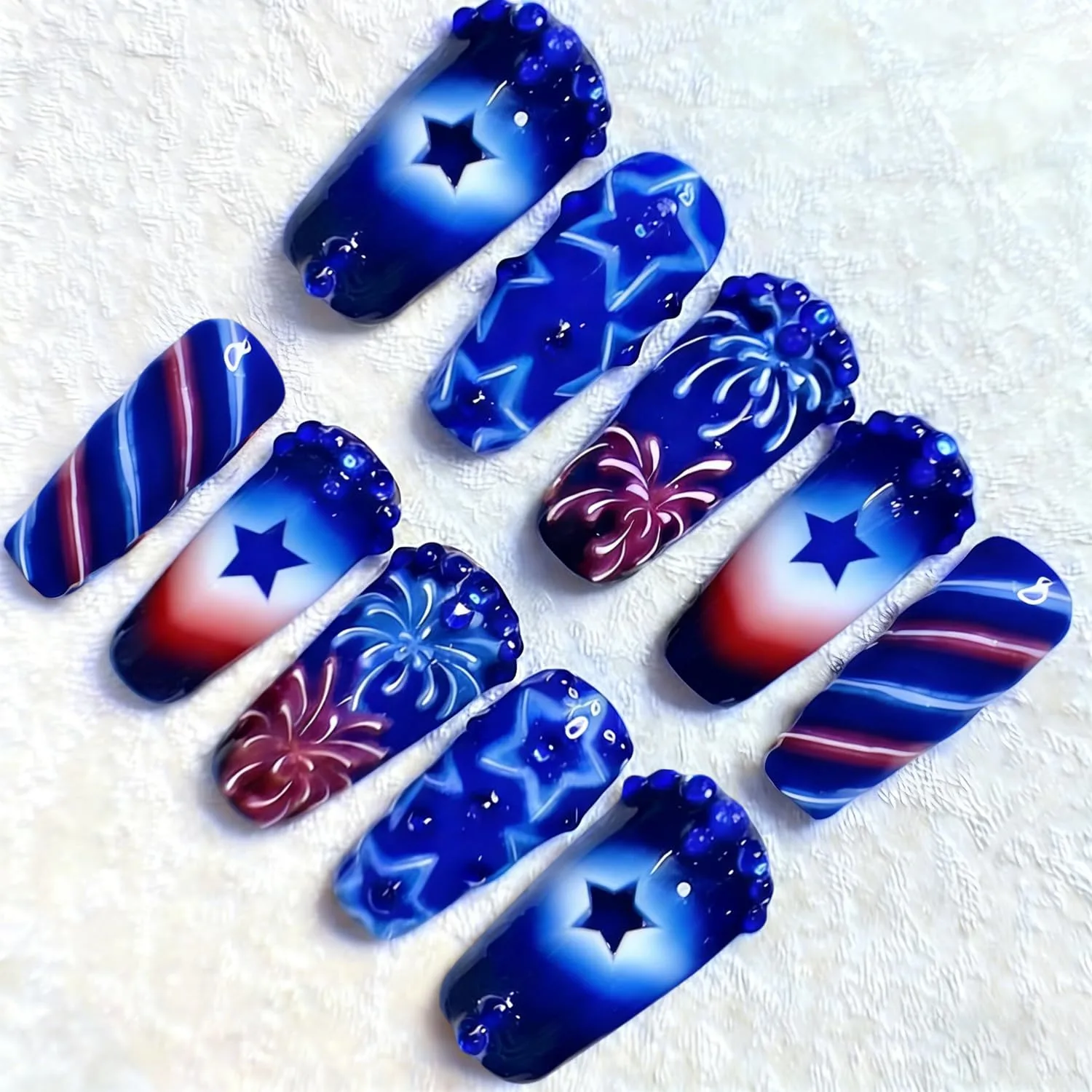 24Pcs 4th of July Press on Nails Medium Square Fake Nails with Blue Rhinestones Designs Red Blue White Patriotic Star False Nails Independence Day Acrylic Nail Star Full Cover Stick on Nails for Women