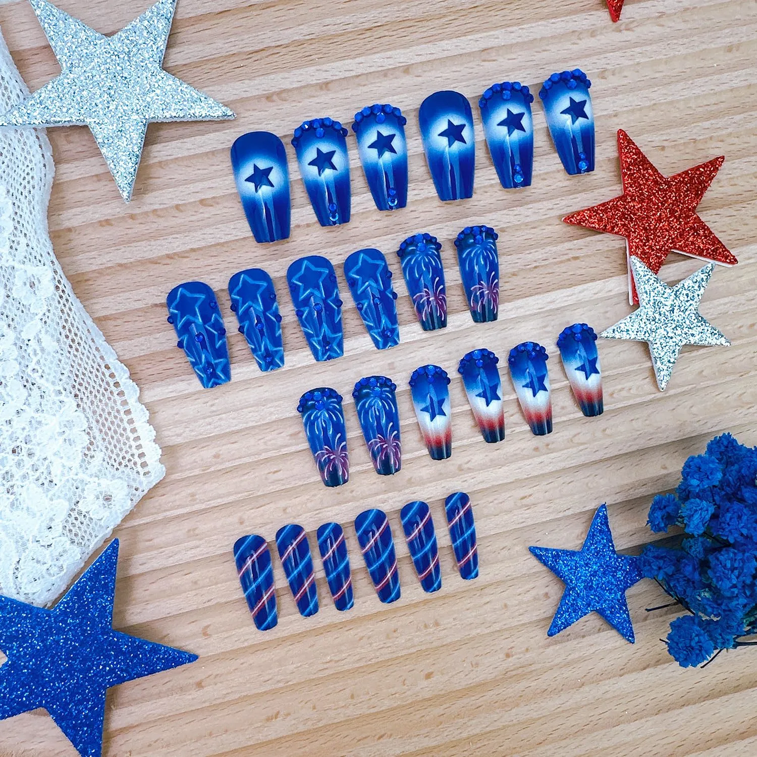 24Pcs 4th of July Press on Nails Medium Square Fake Nails with Blue Rhinestones Designs Red Blue White Patriotic Star False Nails Independence Day Acrylic Nail Star Full Cover Stick on Nails for Women