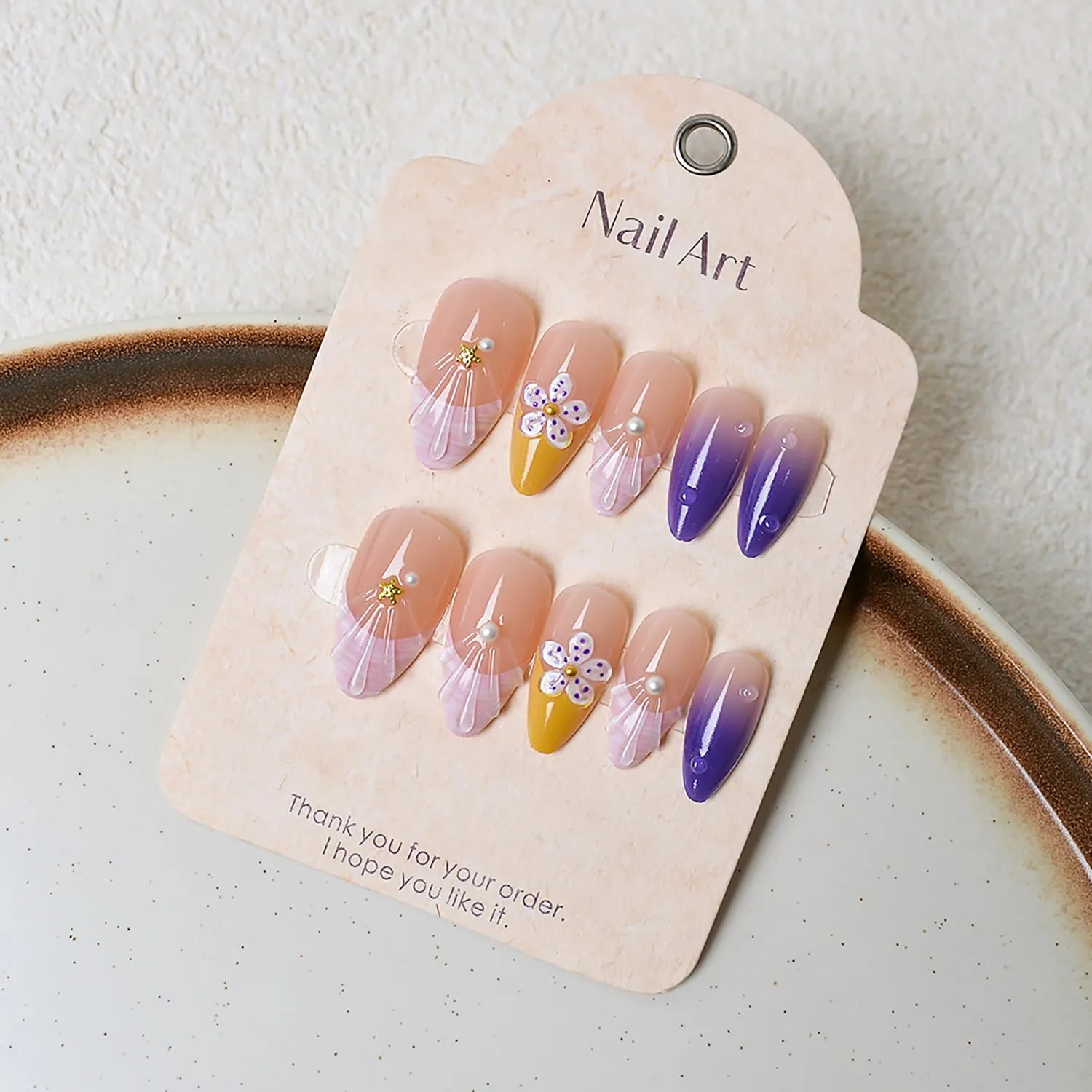 24Pcs Summer Beach Press on Nails Medium Almond Fake Nails Purple French Tip with Starfish Pearl Summer Flower Acrylic Nail 3D Seashell Pattern False Nails Floral Full Cover Stick on Nails for Women