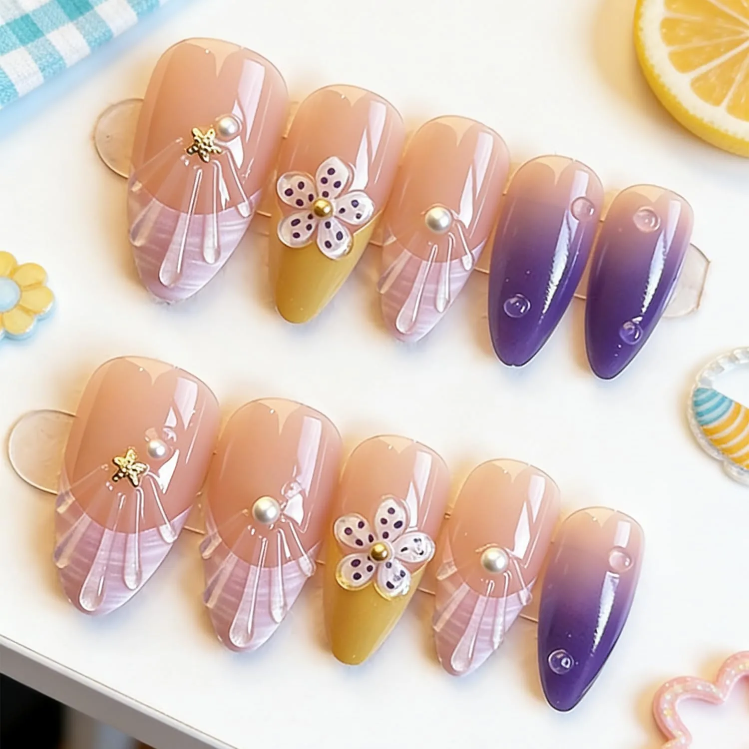 24Pcs Summer Beach Press on Nails Medium Almond Fake Nails Purple French Tip with Starfish Pearl Summer Flower Acrylic Nail 3D Seashell Pattern False Nails Floral Full Cover Stick on Nails for Women
