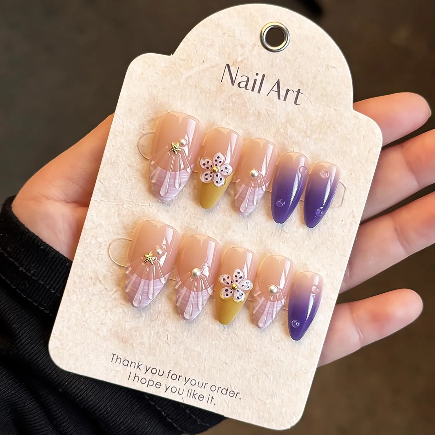 24Pcs Summer Beach Press on Nails Medium Almond Fake Nails Purple French Tip with Starfish Pearl Summer Flower Acrylic Nail 3D Seashell Pattern False Nails Floral Full Cover Stick on Nails for Women