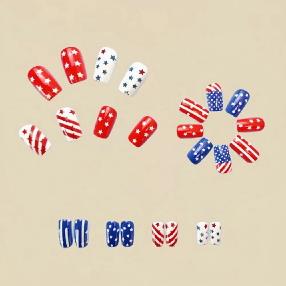 24Pcs 4th of July Press on Nails Short Red White Blue Square False Nails for Independence Day Patriotic American Flag Fake Nails with Stars and Stripes Memorial Day Nail Art for Women Manicure DIY（A）