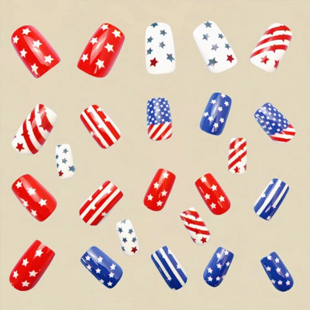 24Pcs 4th of July Press on Nails Short Red White Blue Square False Nails for Independence Day Patriotic American Flag Fake Nails with Stars and Stripes Memorial Day Nail Art for Women Manicure DIY（A）