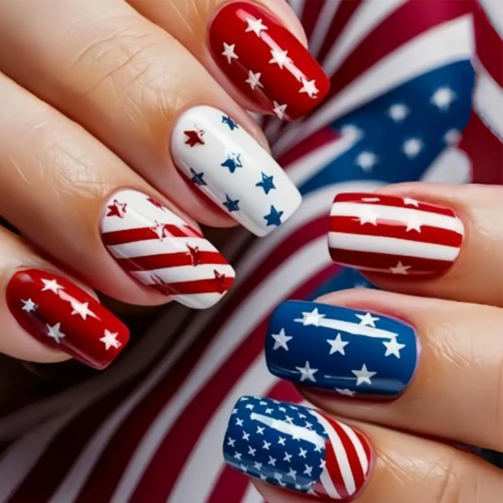 24Pcs 4th of July Press on Nails Short Red White Blue Square False Nails for Independence Day Patriotic American Flag Fake Nails with Stars and Stripes Memorial Day Nail Art for Women Manicure DIY（A）