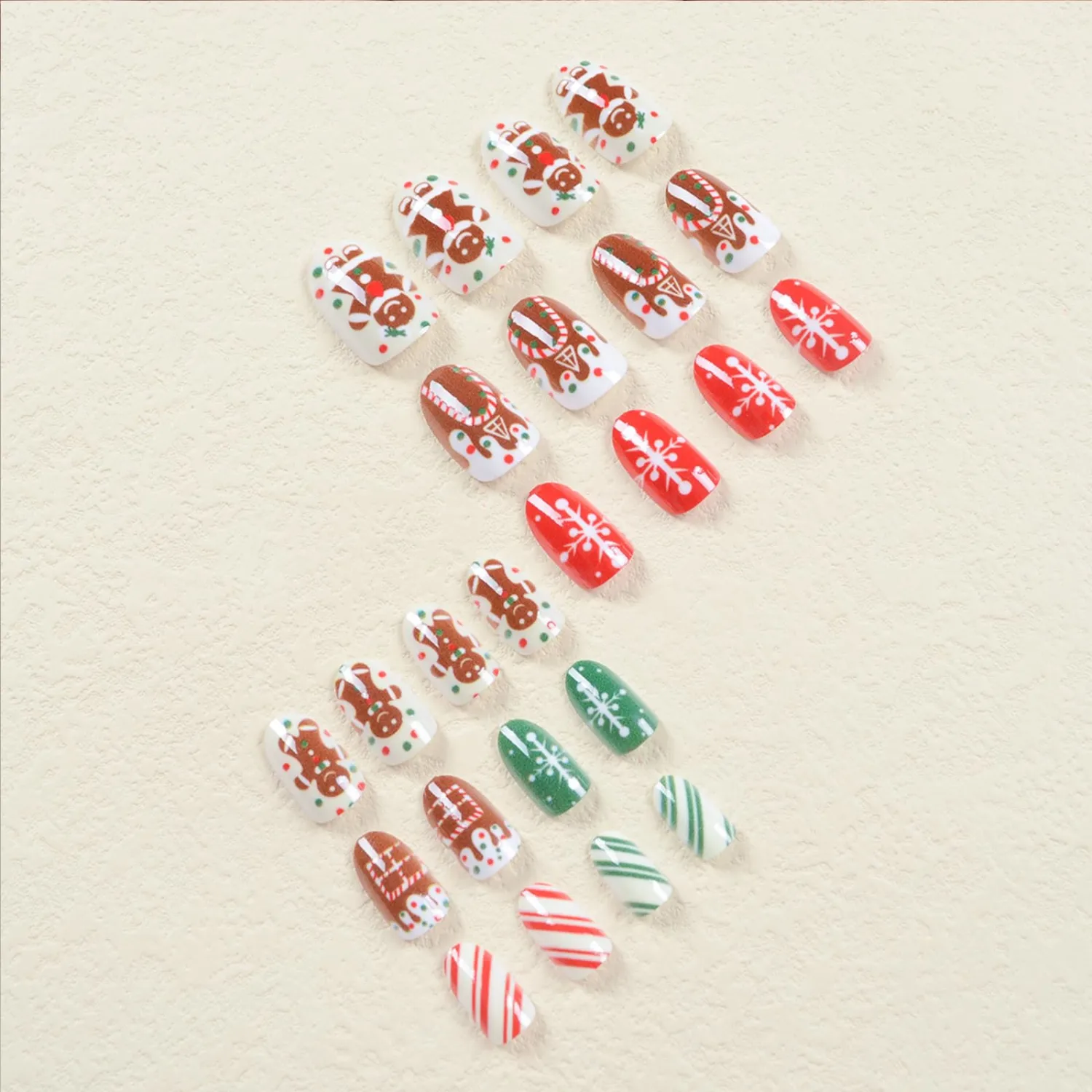 Christmas Press on Nails Short Almond Fake Nails with Gingerbread Man & Snowflake Designs Full Cover Acrylic False Nail Press Ons Glue on Nail for Women 24Pcs