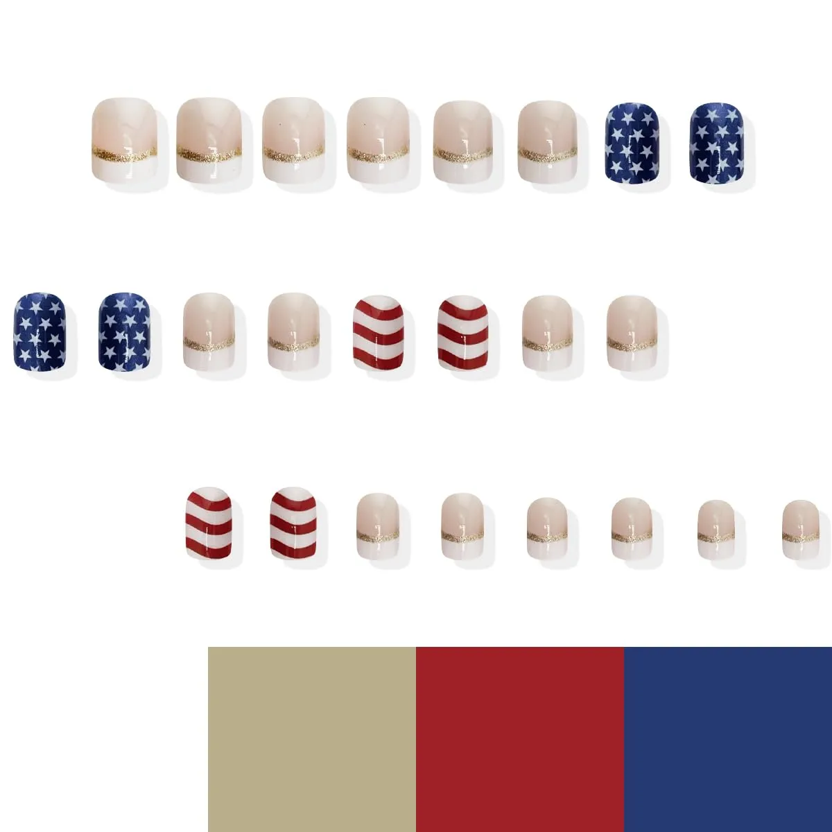 24Pcs 4th of July Nails Press on Nails Short Square French Tip Fake Nails Glitter White Nail Tips Artificial Acrylic Nails Independence Day Glue on Nails Red Blue Star Stripe Stick on Nails for Women