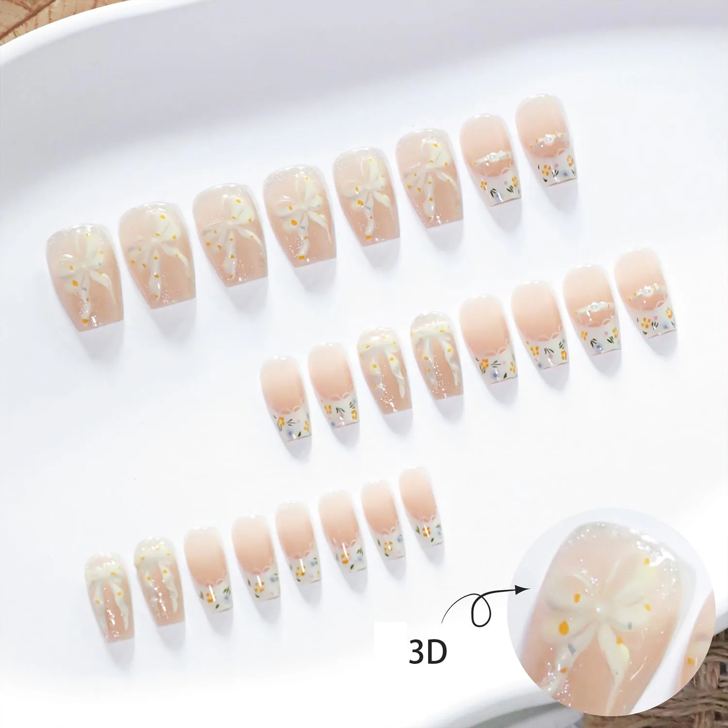 3D Bow Press on Nails Short Coffin Fake Nail with Yellower Flower Designs Reusable Acrylic False Nails Press ons White French Tip Glue on Nail Cat Eye Stick on nail for Women 24 Pcs