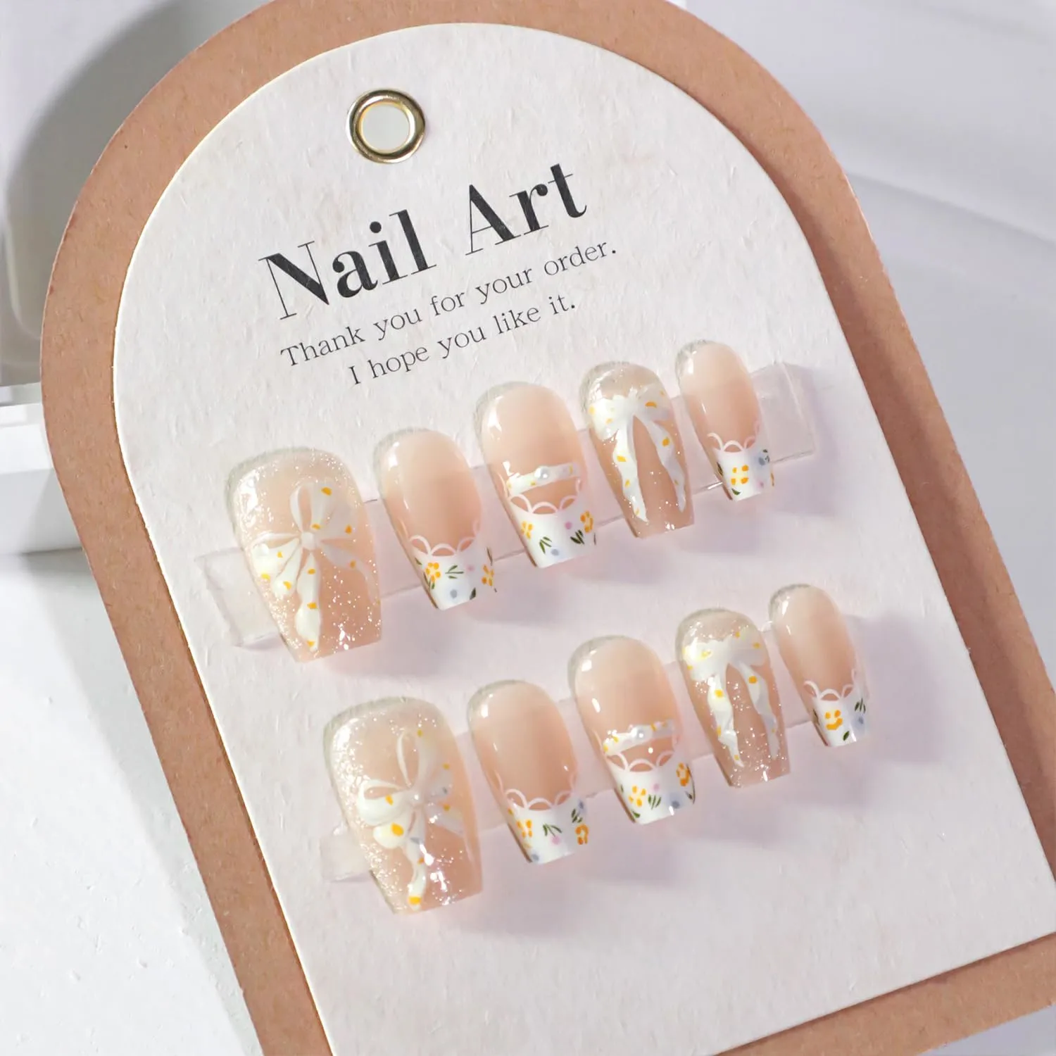 3D Bow Press on Nails Short Coffin Fake Nail with Yellower Flower Designs Reusable Acrylic False Nails Press ons White French Tip Glue on Nail Cat Eye Stick on nail for Women 24 Pcs