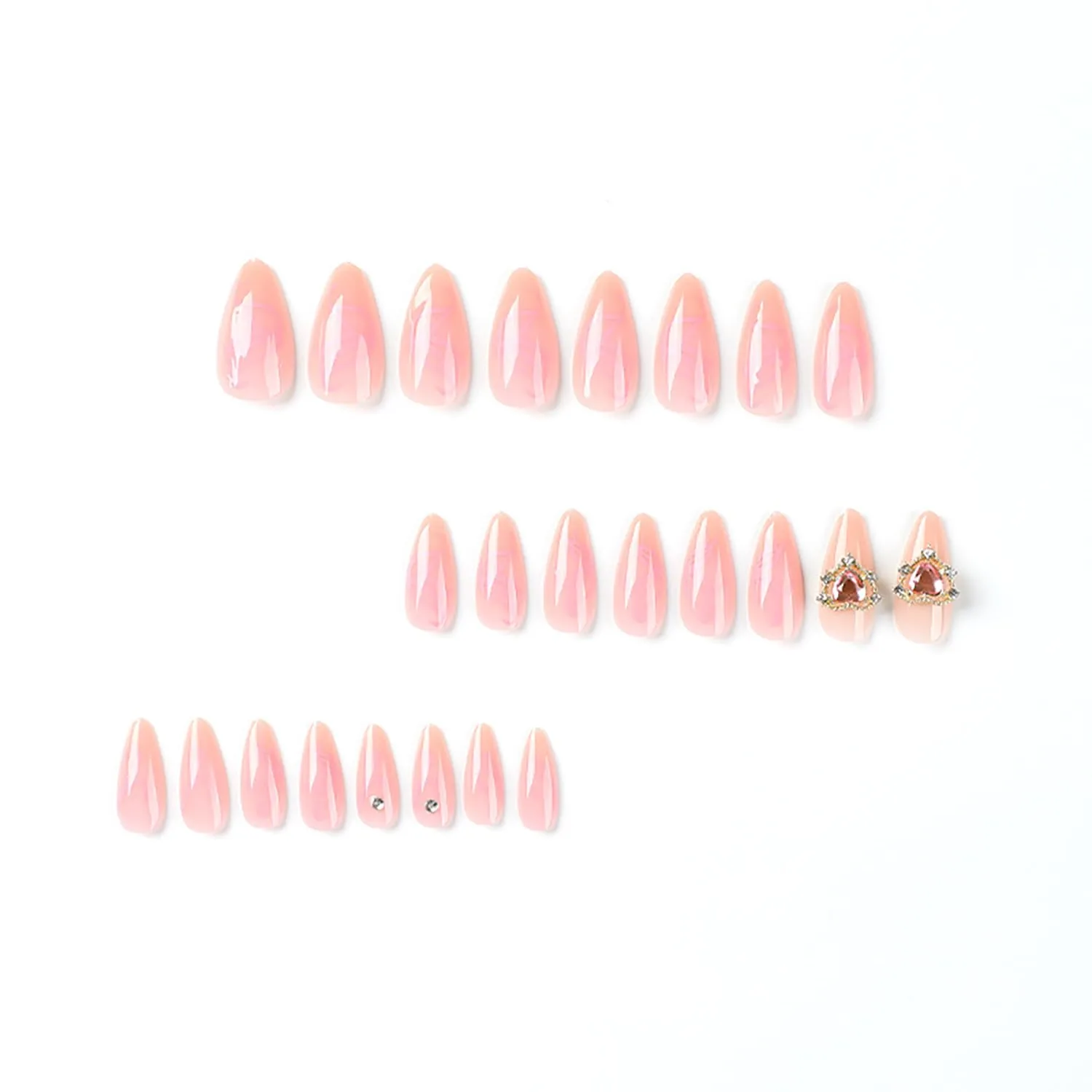Press on Nails Almond Medium Artifical Acrylic Fake Nails Heart Rhinestones Design Pink Flower Nude False Nails Full Cover Glossy Coffin Nails Glue on Nails for Women Nature Fit Stick on Nails Kit