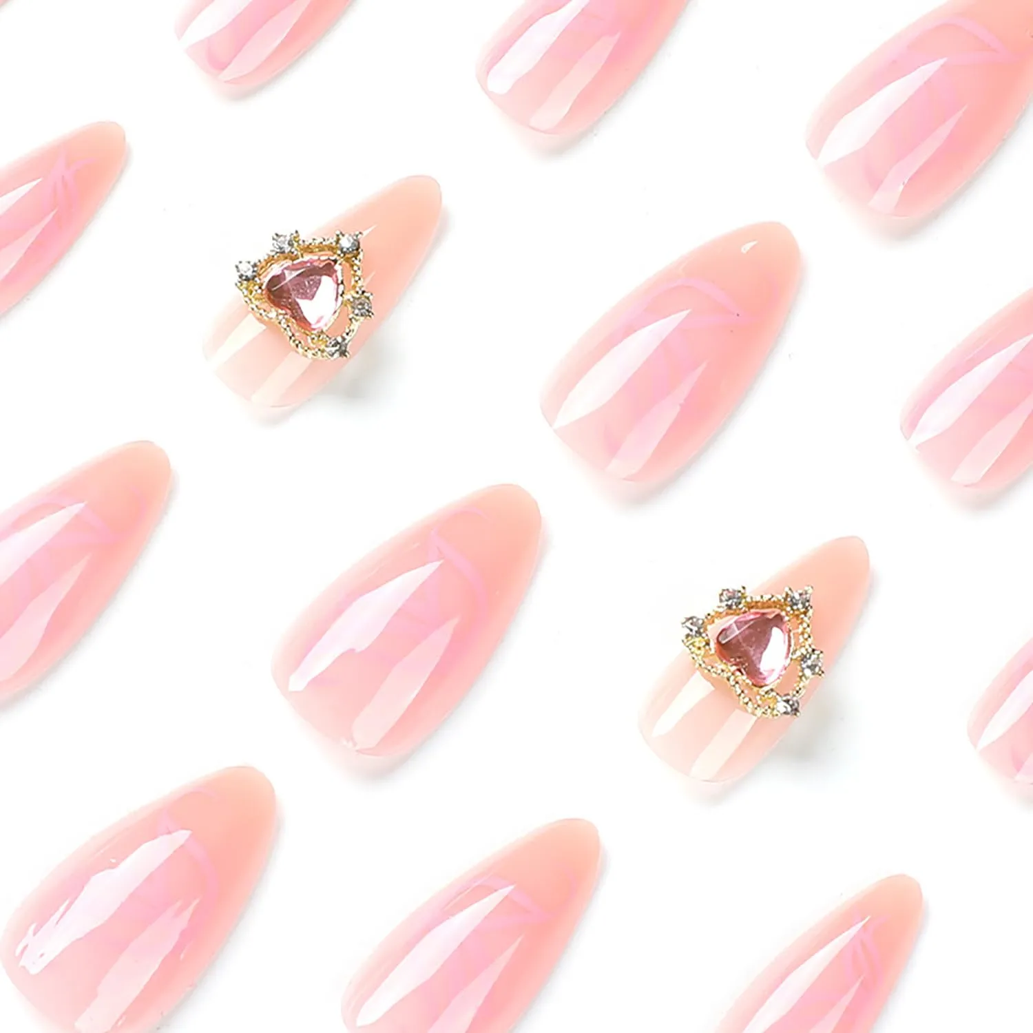 Press on Nails Almond Medium Artifical Acrylic Fake Nails Heart Rhinestones Design Pink Flower Nude False Nails Full Cover Glossy Coffin Nails Glue on Nails for Women Nature Fit Stick on Nails Kit