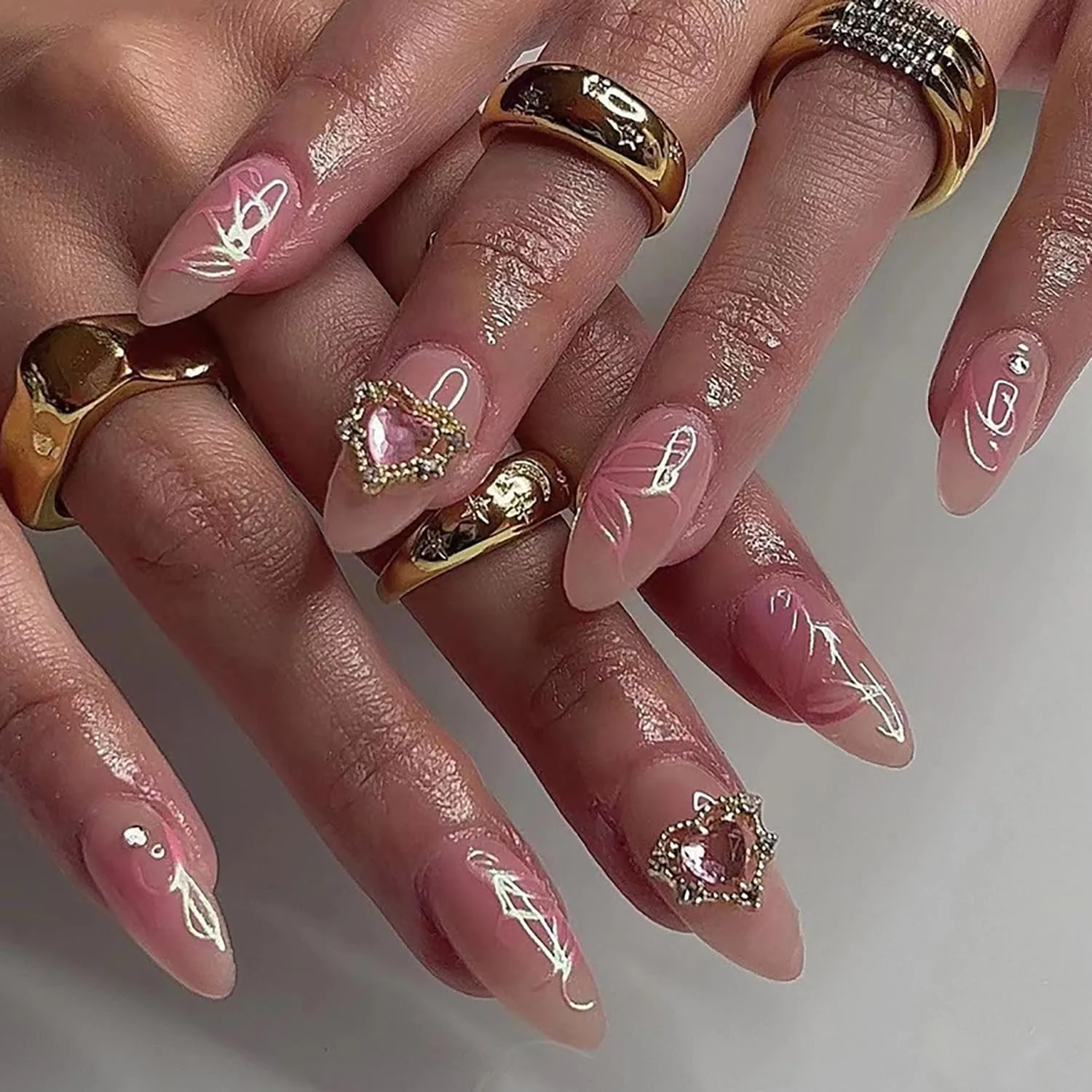 Press on Nails Almond Medium Artifical Acrylic Fake Nails Heart Rhinestones Design Pink Flower Nude False Nails Full Cover Glossy Coffin Nails Glue on Nails for Women Nature Fit Stick on Nails Kit