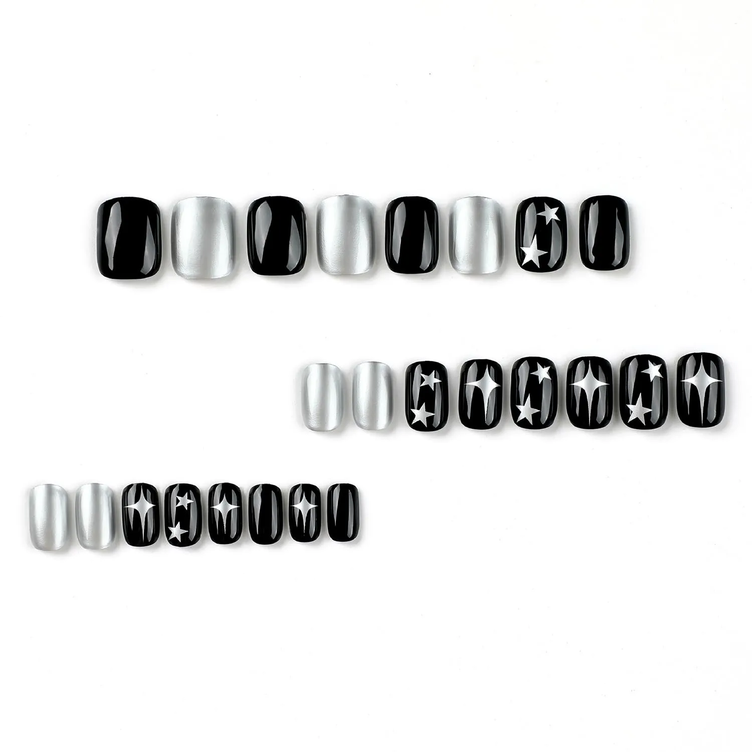 Square Press on Nails Short Artifical Acrylic Black Fake Nails with Silver Stars Design French False Nails Full Cover Reusable Glossy Coffin Nails Nature Fit Stick on Nails Kit Glue on Nails for Women