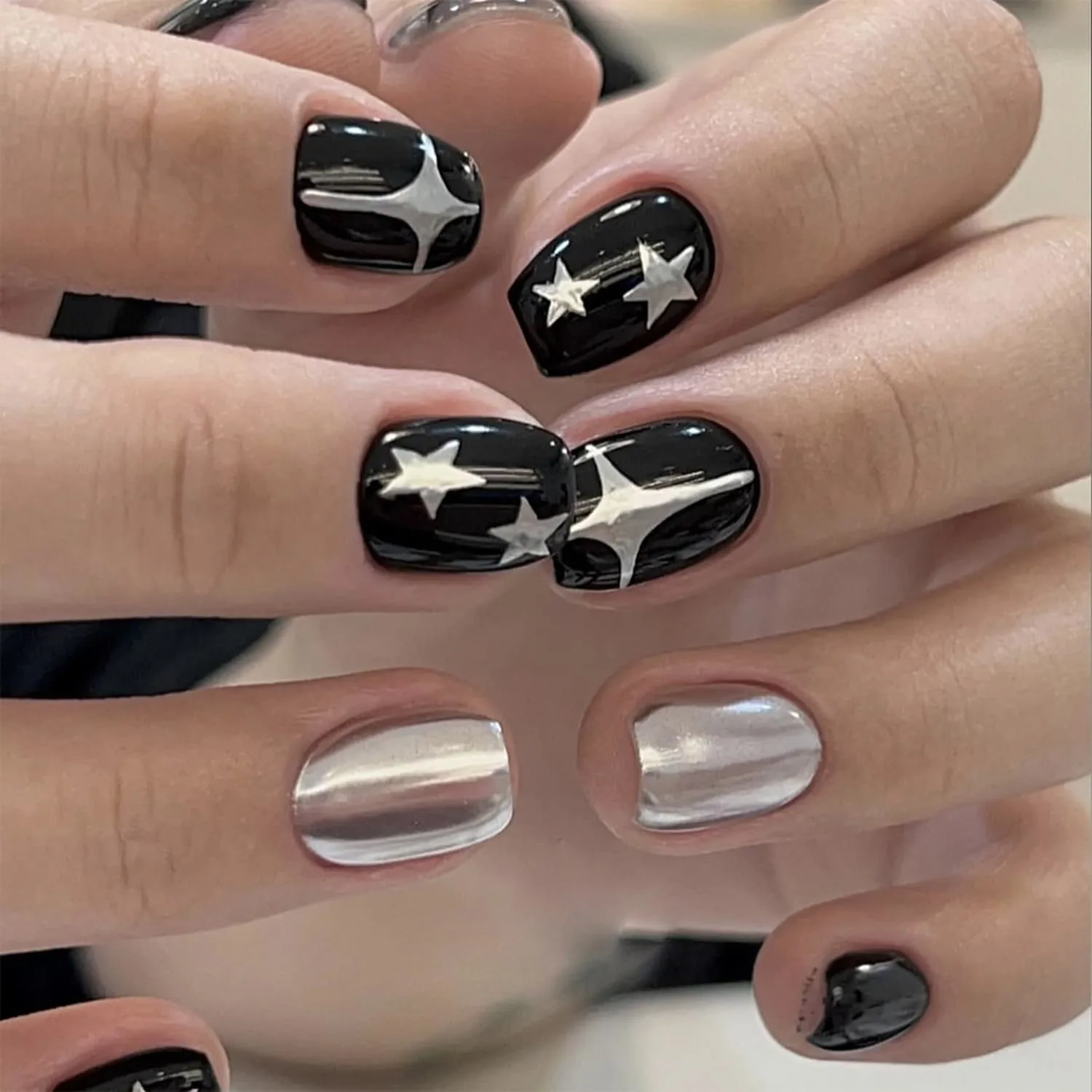 Square Press on Nails Short Artifical Acrylic Black Fake Nails with Silver Stars Design French False Nails Full Cover Reusable Glossy Coffin Nails Nature Fit Stick on Nails Kit Glue on Nails for Women