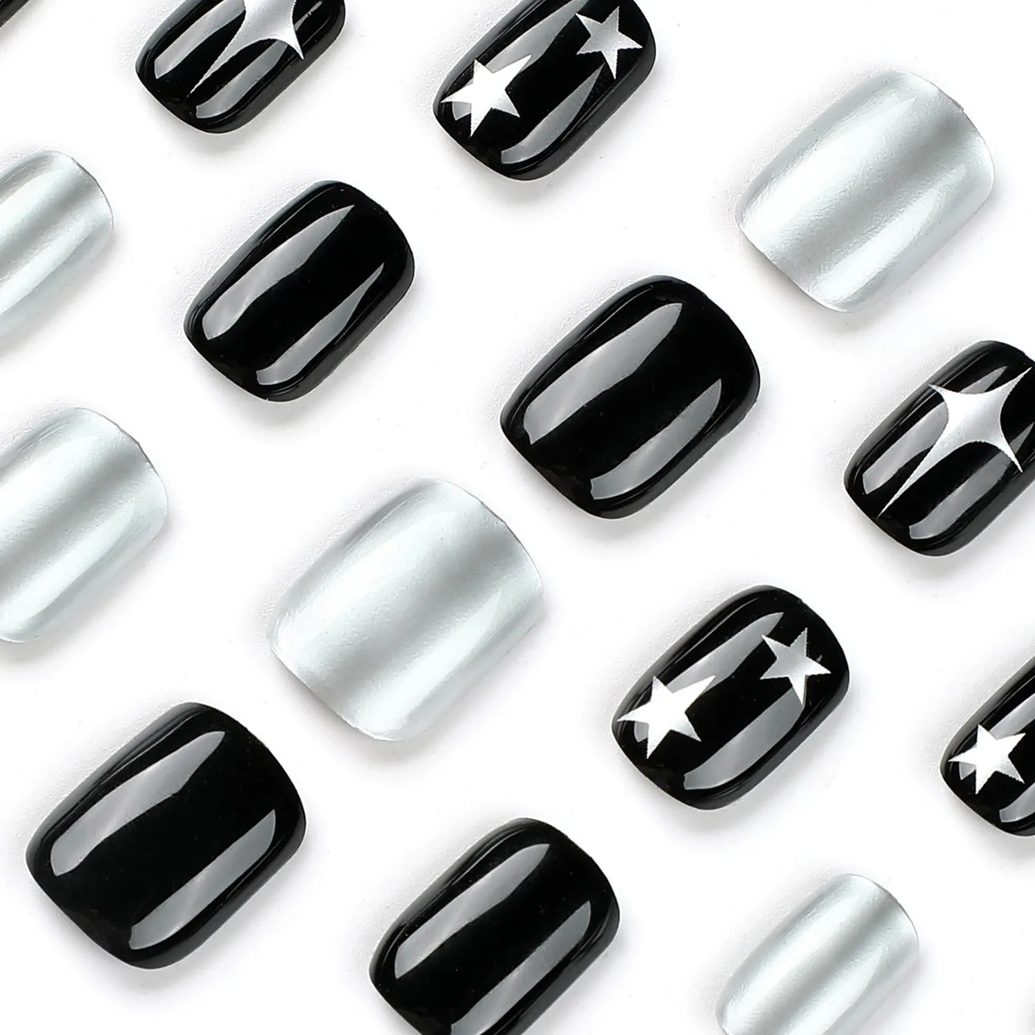 Square Press on Nails Short Artifical Acrylic Black Fake Nails with Silver Stars Design French False Nails Full Cover Reusable Glossy Coffin Nails Nature Fit Stick on Nails Kit Glue on Nails for Women