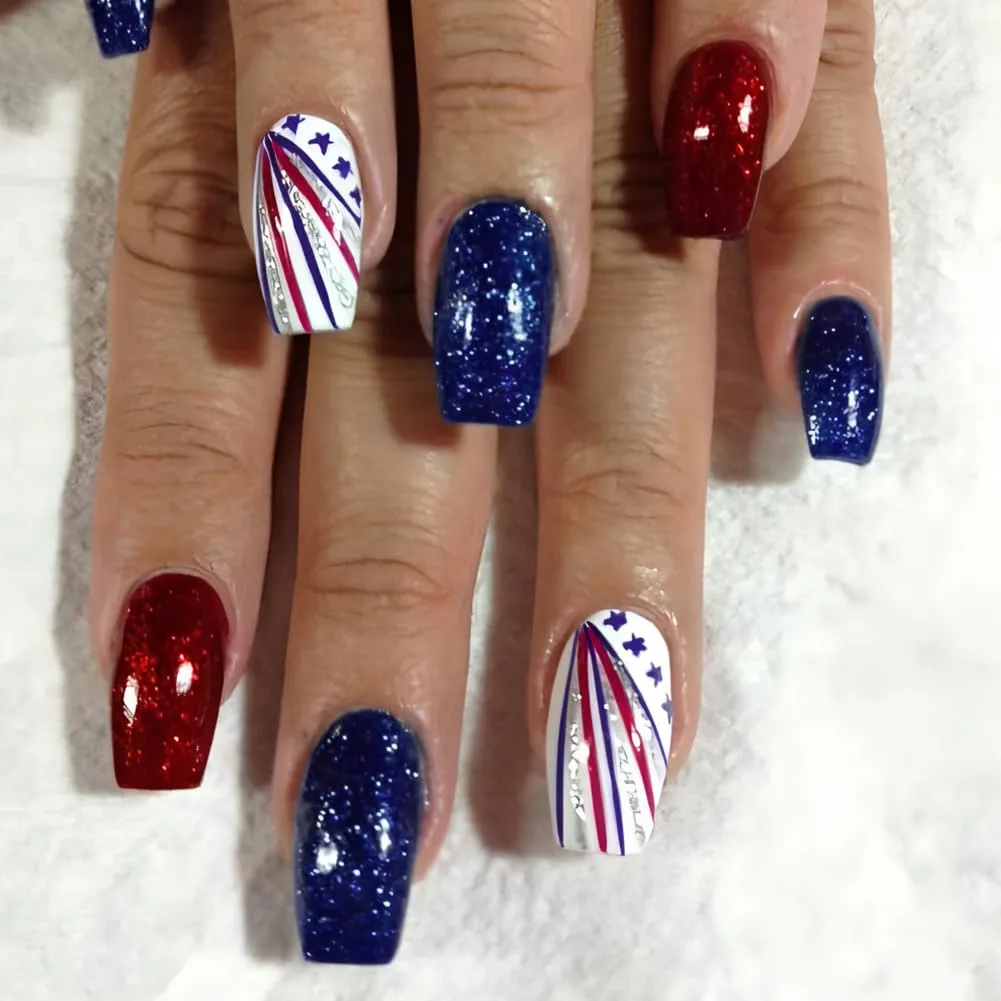 4th of July Nails 24Pcs Fourth of July Short Press On Nails Almond Fake Nail with Red and Blue Star Lines Unique Glossy Finish Design, Acrylic Artificial False Press Ons Stick On Nails for Women