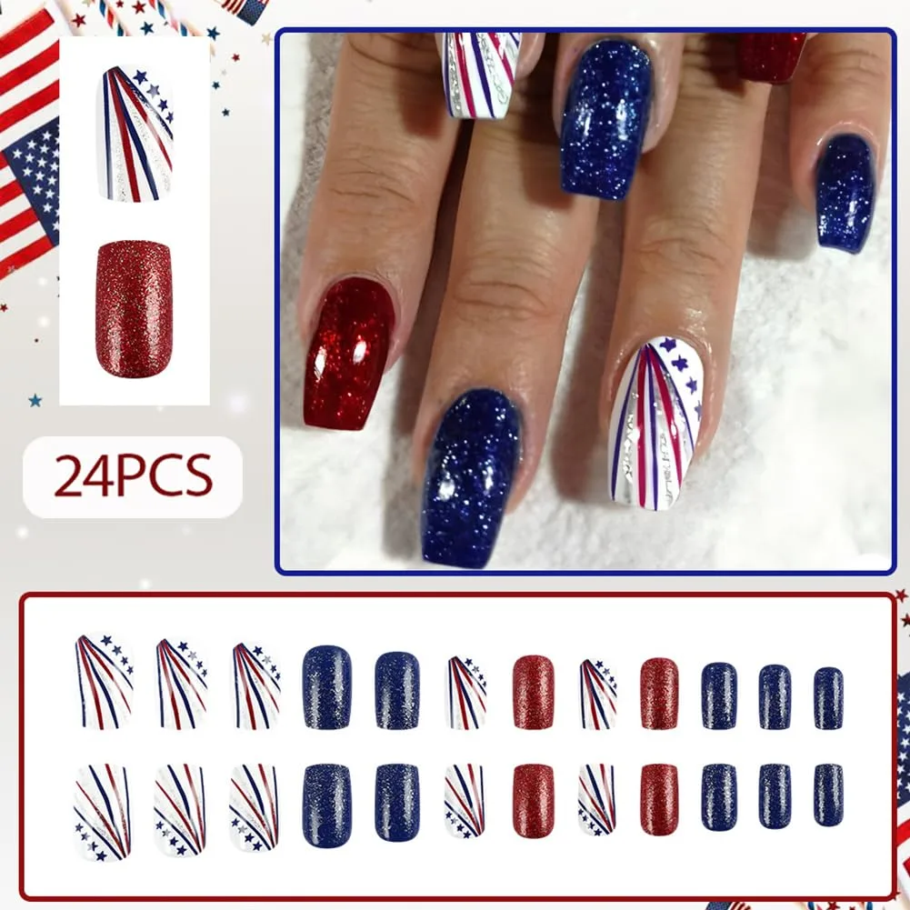 4th of July Nails 24Pcs Fourth of July Short Press On Nails Almond Fake Nail with Red and Blue Star Lines Unique Glossy Finish Design, Acrylic Artificial False Press Ons Stick On Nails for Women