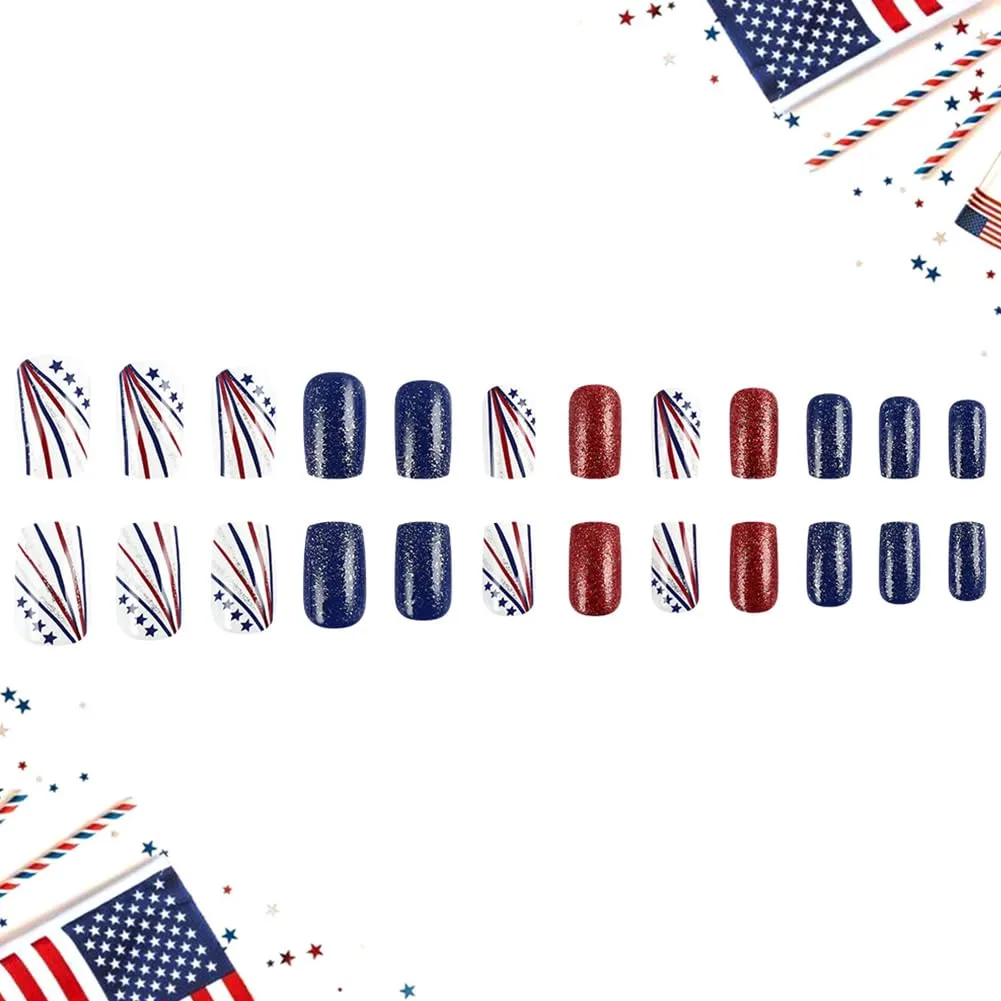4th of July Nails 24Pcs Fourth of July Short Press On Nails Almond Fake Nail with Red and Blue Star Lines Unique Glossy Finish Design, Acrylic Artificial False Press Ons Stick On Nails for Women