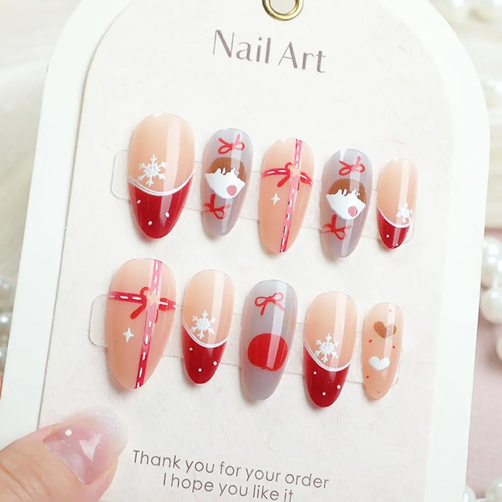 Christmas Press On Nails - Almond Shaped Press On Nails Medium Fake Nails With Heart Candy Snowflakes Designs Acrylic Artificial Glue On False Nail Press Ons Stick On Nails For Women