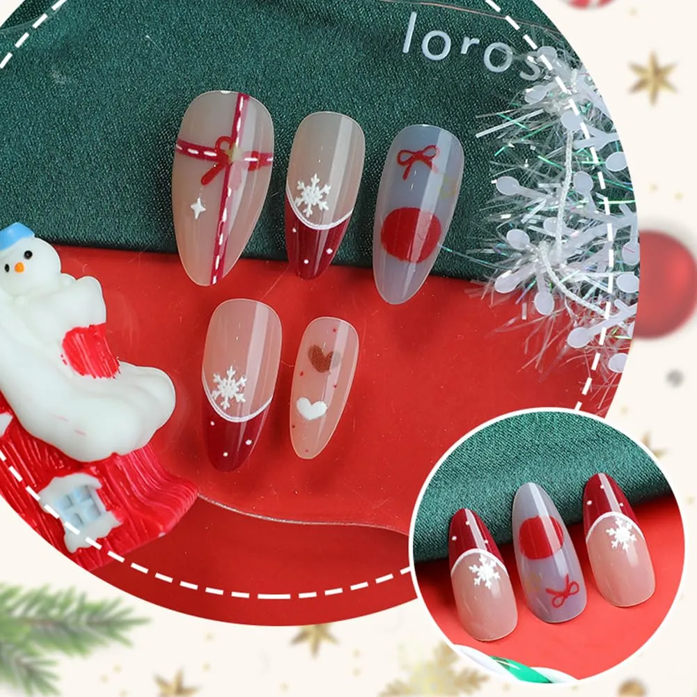 Christmas Press On Nails - Almond Shaped Press On Nails Medium Fake Nails With Heart Candy Snowflakes Designs Acrylic Artificial Glue On False Nail Press Ons Stick On Nails For Women