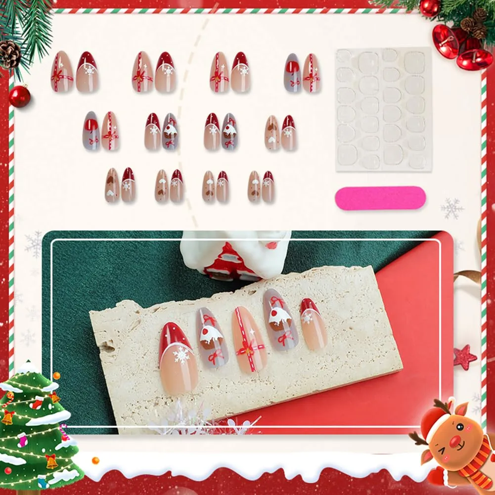 Christmas Press On Nails - Almond Shaped Press On Nails Medium Fake Nails With Heart Candy Snowflakes Designs Acrylic Artificial Glue On False Nail Press Ons Stick On Nails For Women