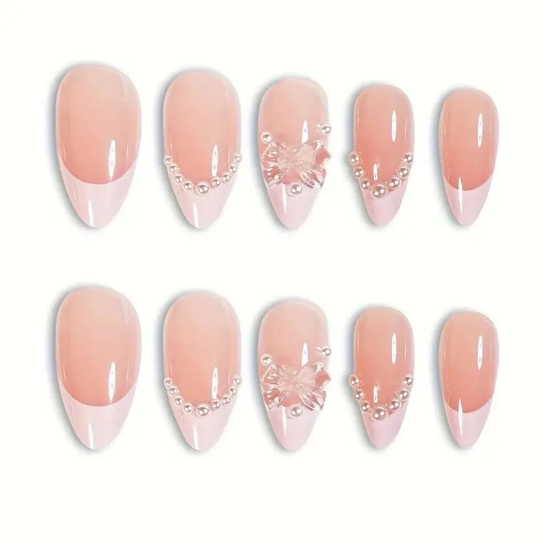 French Tip Press on Nails Pink Almond fake nails for Women Short Medium Fake Nails with Pearl 3D Bow Designs Artificial stick on nail Classy Gel Manicure Acrylic False Nails for Wedding
