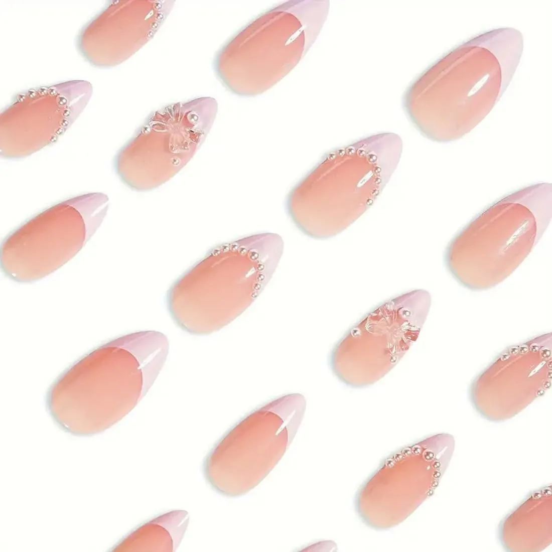 French Tip Press on Nails Pink Almond fake nails for Women Short Medium Fake Nails with Pearl 3D Bow Designs Artificial stick on nail Classy Gel Manicure Acrylic False Nails for Wedding