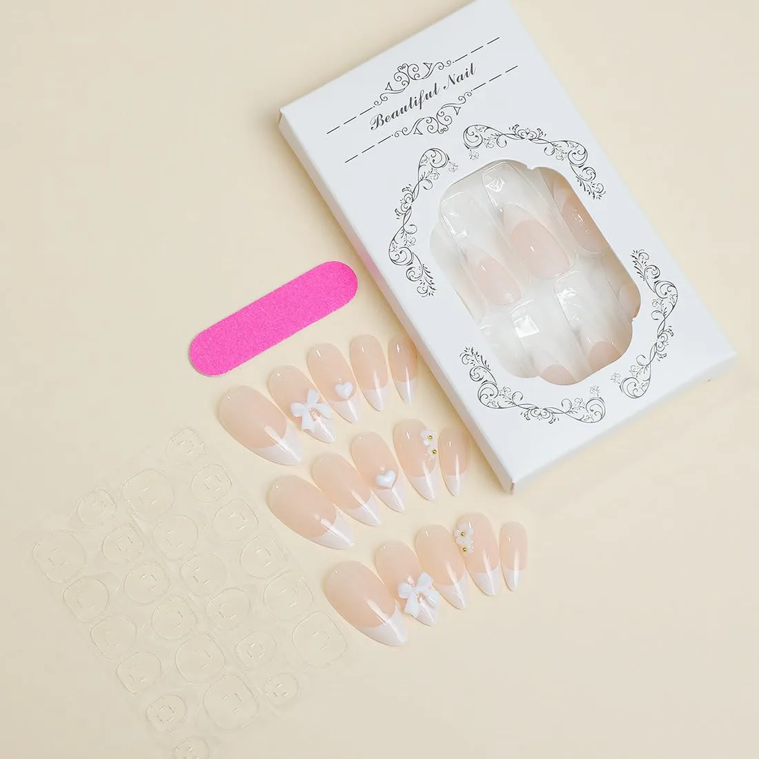 Almond French Tip Press on Nails White Short Medium Fake Nails with Bow Heart FLower Designs Fake Nails Gel Fantasy Acrylic False Nails for Wedding Classy Pressons stick on nail for Women