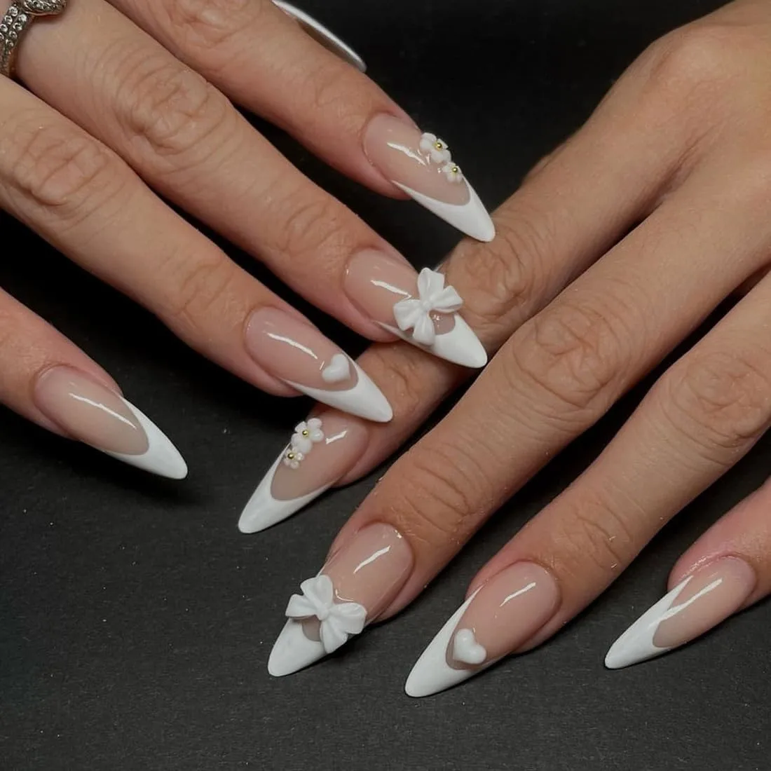 Almond French Tip Press on Nails White Short Medium Fake Nails with Bow Heart FLower Designs Fake Nails Gel Fantasy Acrylic False Nails for Wedding Classy Pressons stick on nail for Women