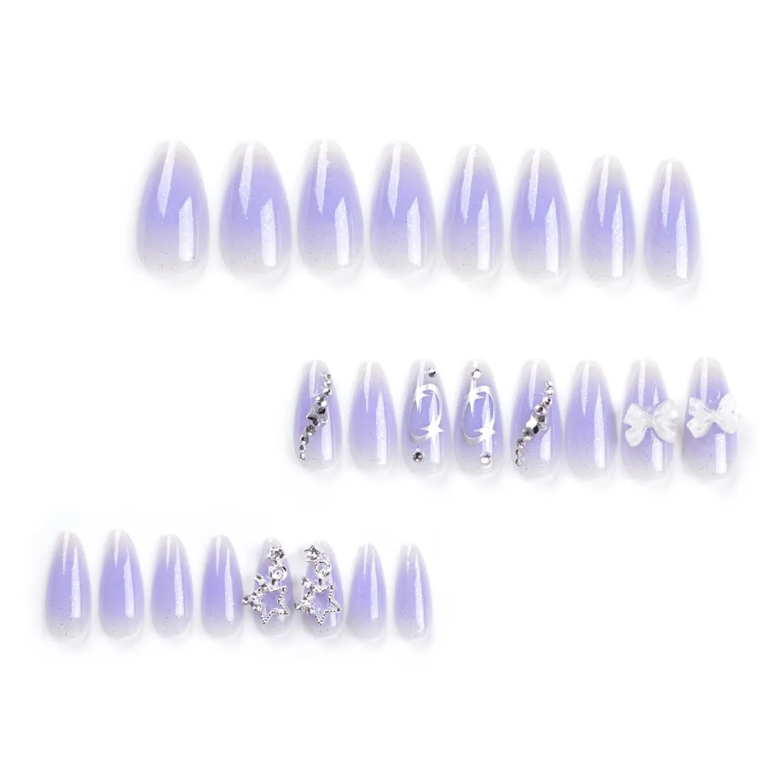 Almond Press on Nails Ombre Purple Short Medium fake on Nails with 3D Star Bow Rhinestone Designs Acrylic Manicure Fake Nails for Women Wedding Full Cover False Stick on Nails 24 Pcs